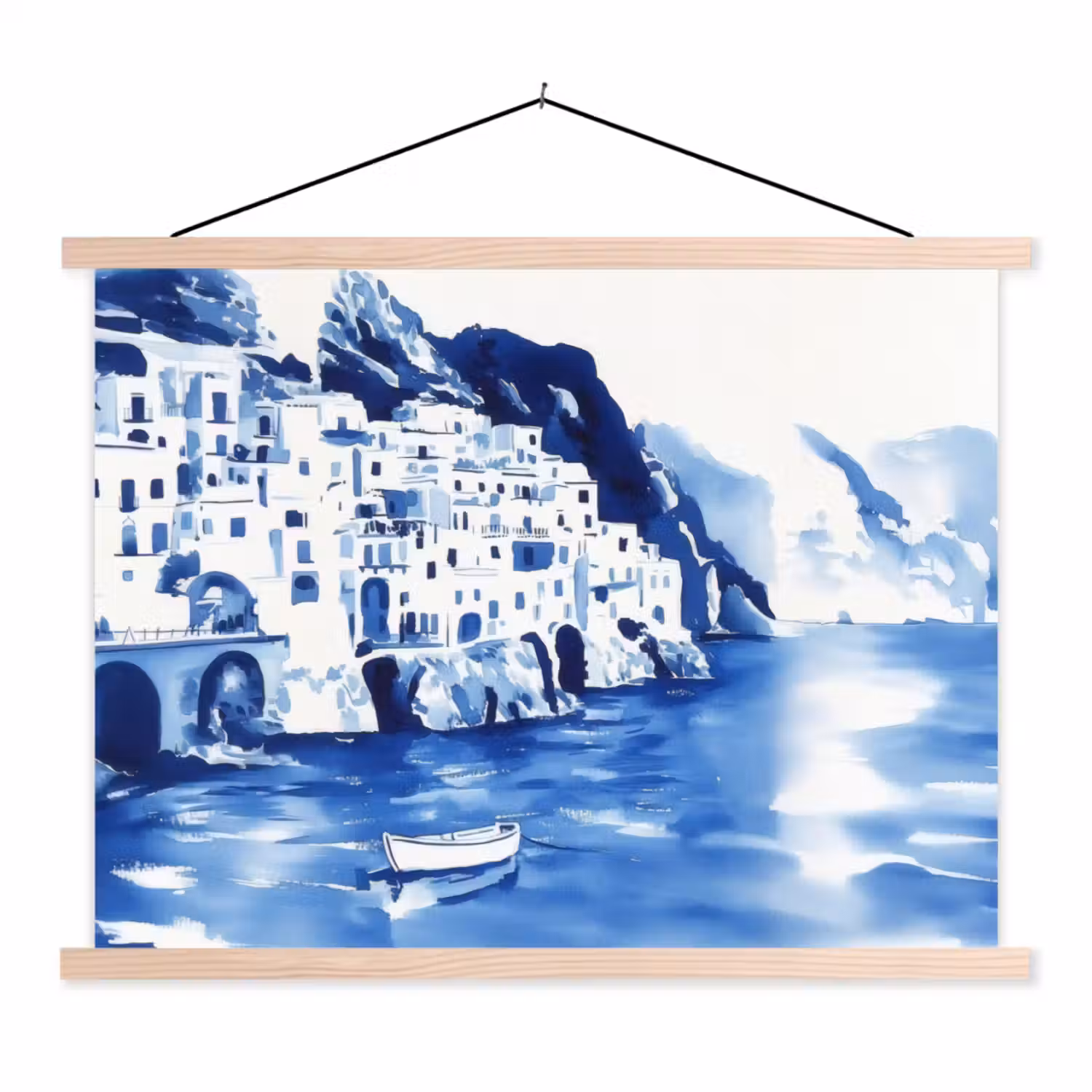 Dorp - Rotswand - Roeiboot - Water textielposter latten blank klein -3d