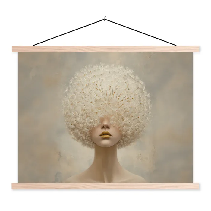 Dromerig - Beige - Paardenbloemzaadjes textielposter latten blank klein -3d