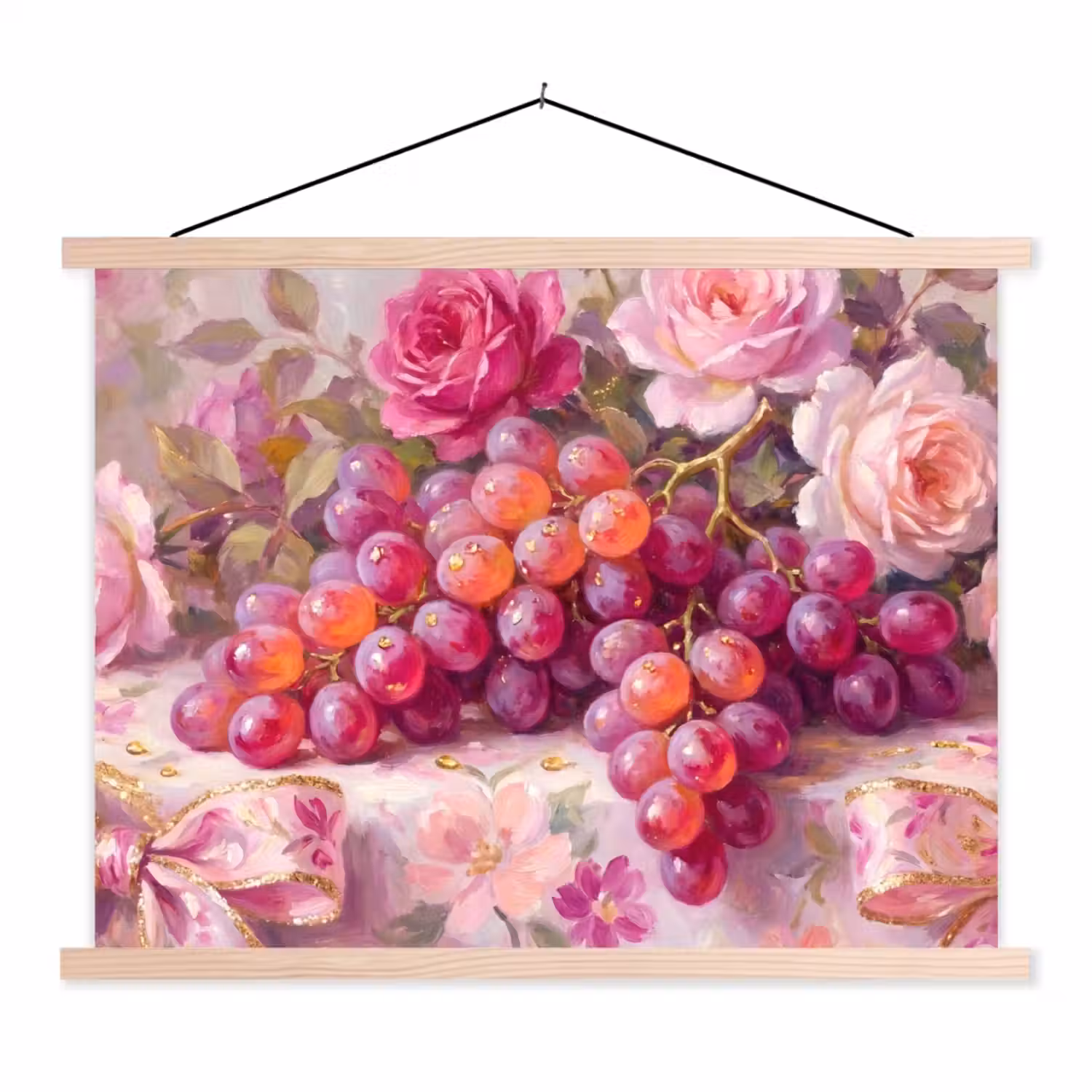 Eten - Bloemen - Stilleven - Roze - Goud textielposter latten blank klein -3d