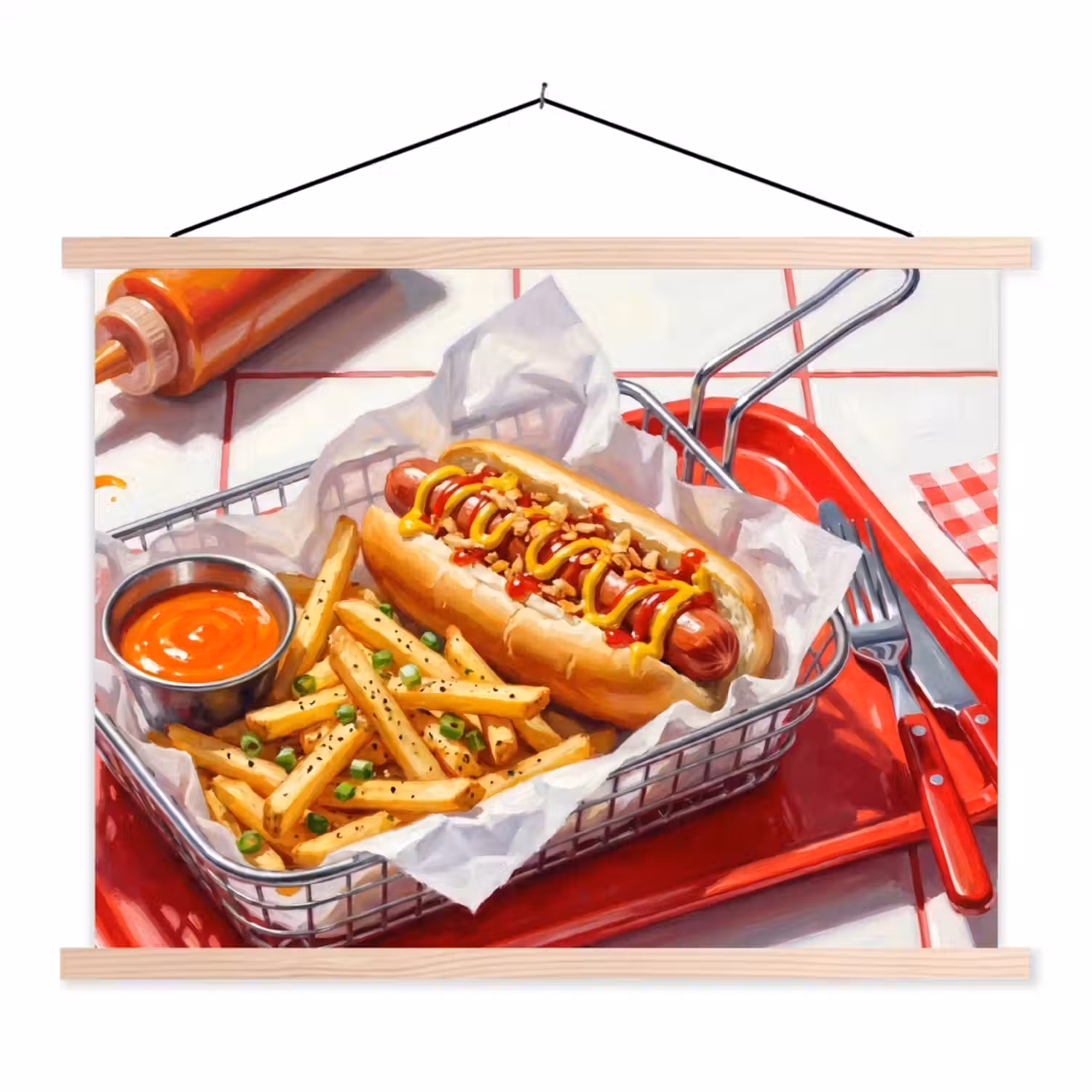 Eten - Hotdog - Fastfood - Modern - Rood textielposter latten blank klein -3d