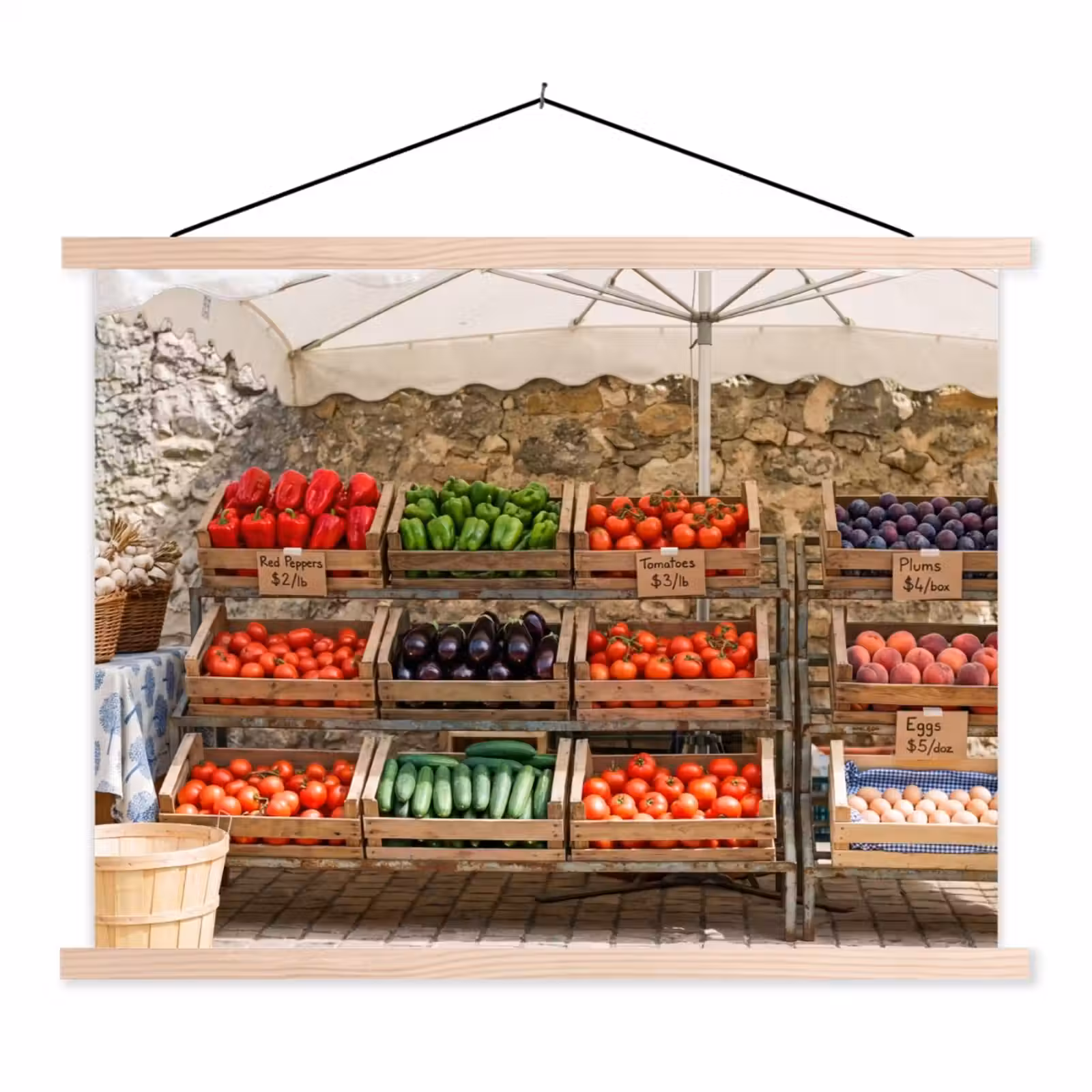 Schoolplaat - Eten - Markt - Vers - Eten - Markt - Vers textielposter latten blank klein
