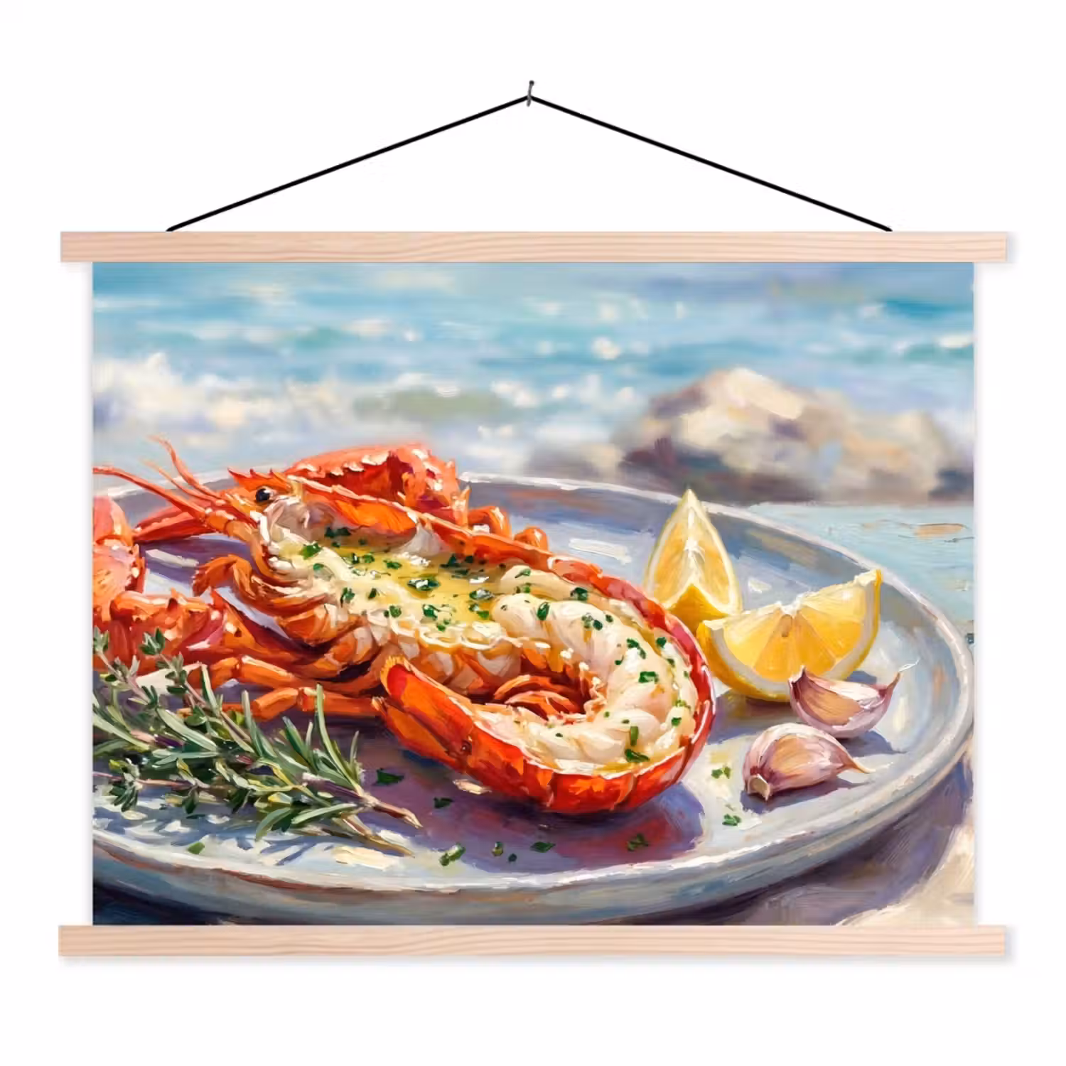 Eten - Zee - Kust - Modern - Blauw textielposter latten blank klein -3d