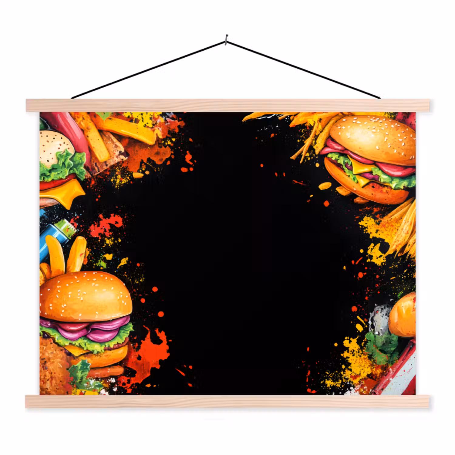 Fastfood - Graffiti - Hamburger - Eten - Modern textielposter latten blank klein -3d