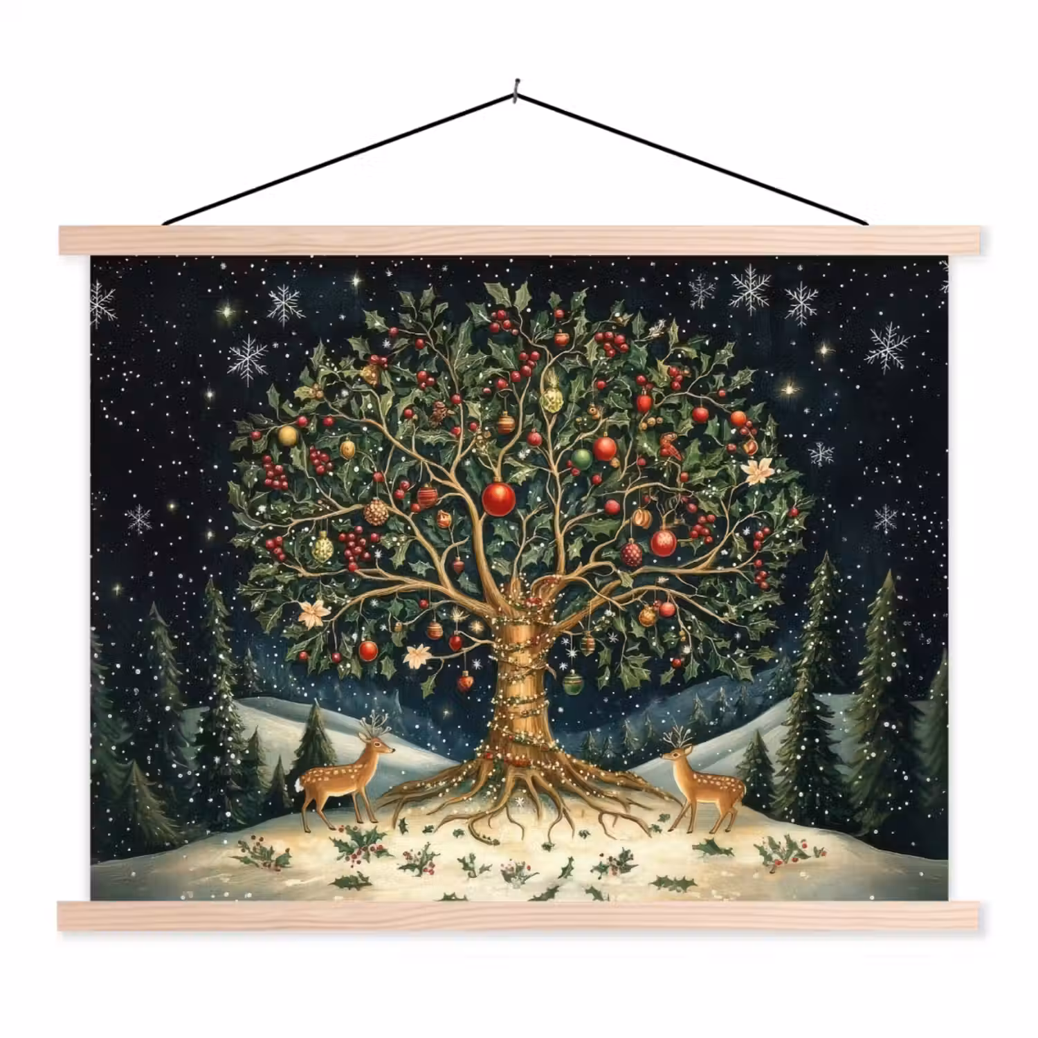 Feestboom - Winterhemel - Kleurrijk textielposter latten blank klein -3d