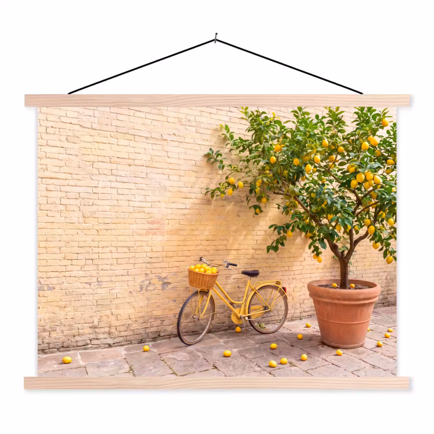 Fiets - Mand - Eten - Geel - Zomer textielposter latten blank klein -3d