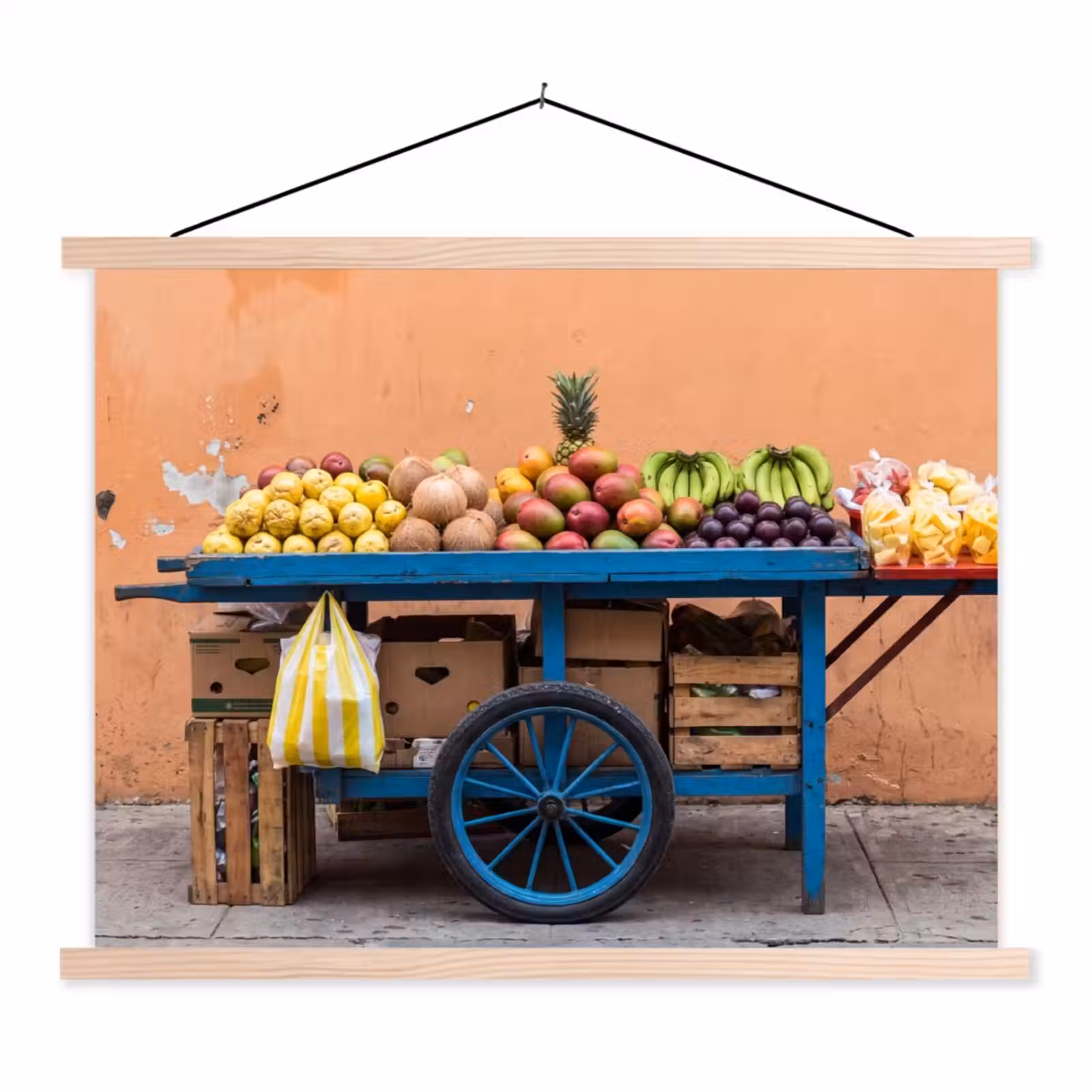 Schoolplaat - Fruit - Kar - Straat - Fruit - Kar - Straat textielposter latten blank klein