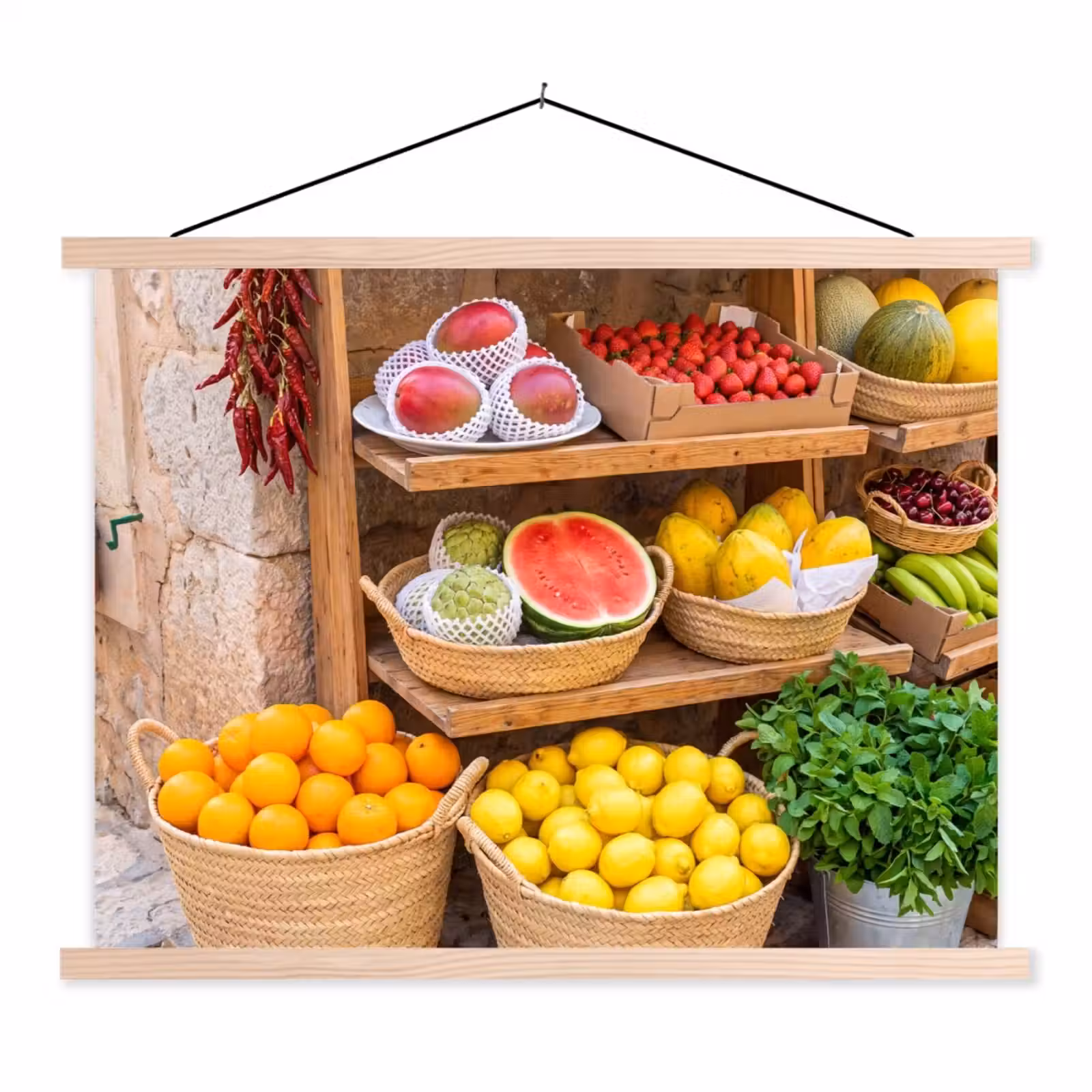 Schoolplaat - Fruit - Markt - Vers - Fruit - Markt - Vers textielposter latten blank klein