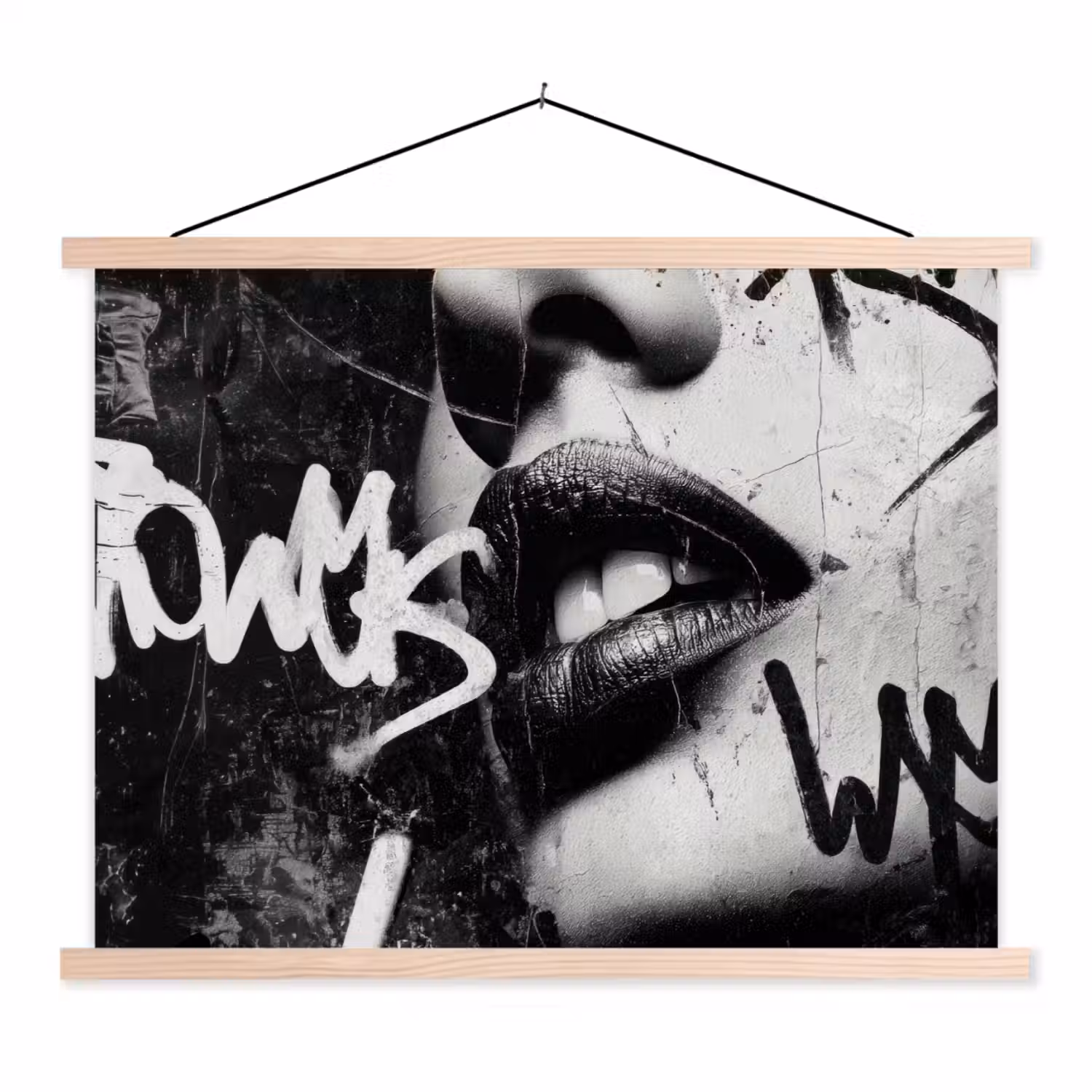 Gezicht - Mond - Graffiti - Zwart textielposter latten blank klein -3d