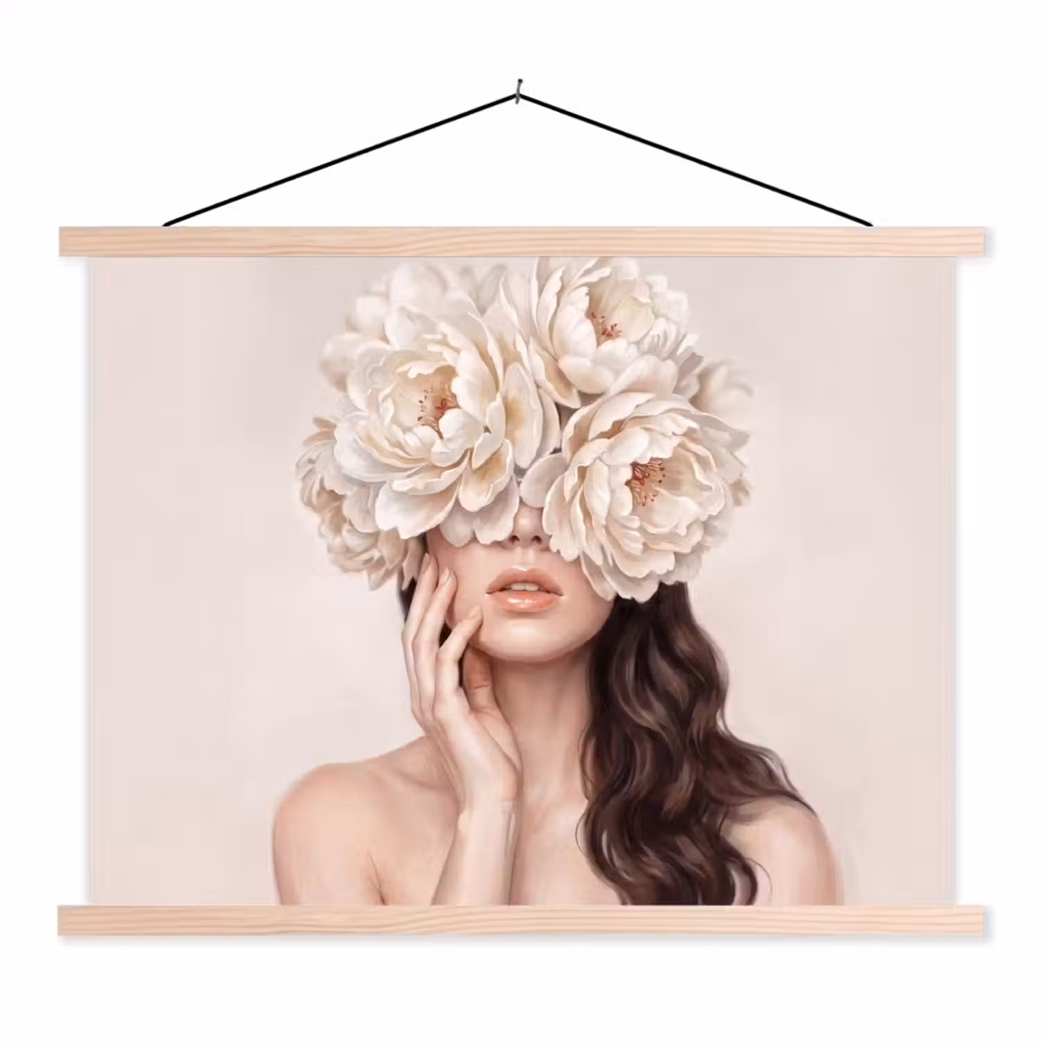 Gezicht - Pioenrozen - Crème textielposter latten blank klein -3d