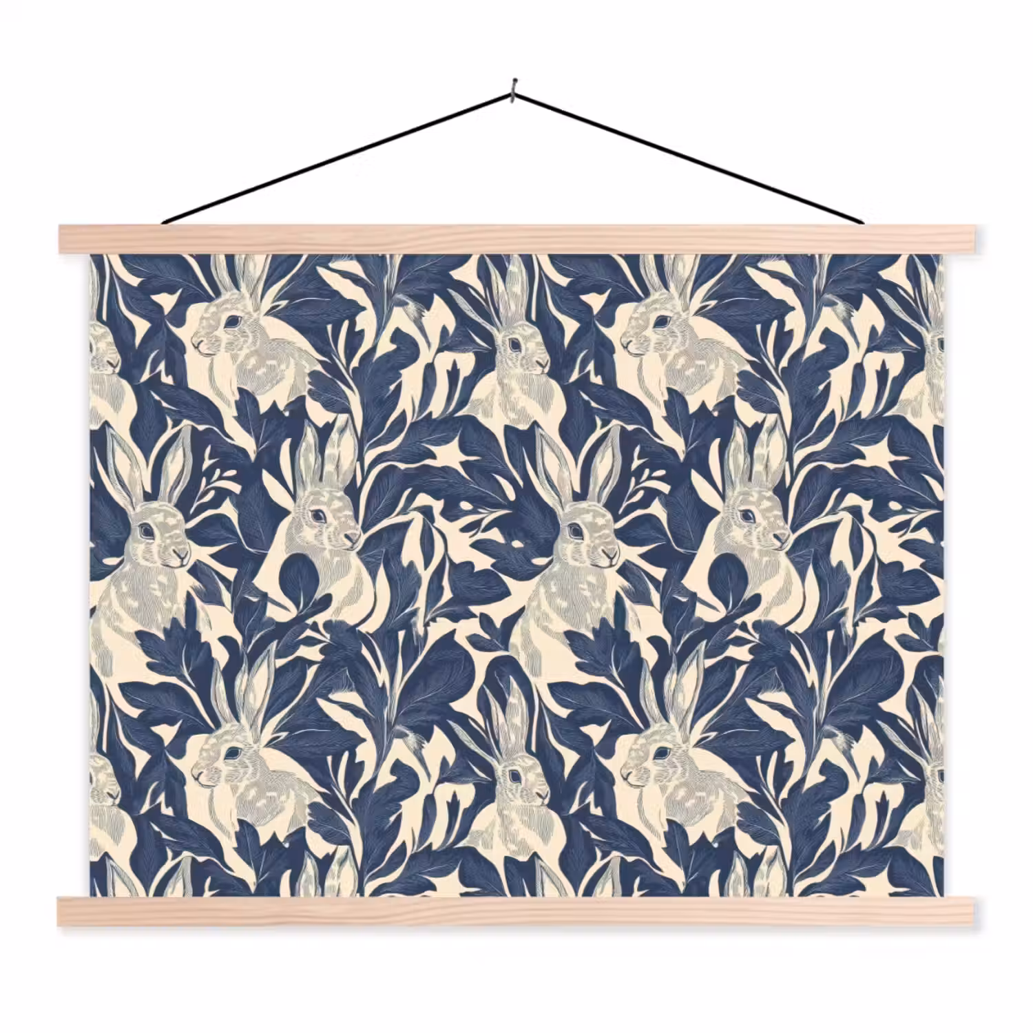 Hazen - Bladeren - Patroon - Blauw - Beige textielposter latten blank klein 122 -3d