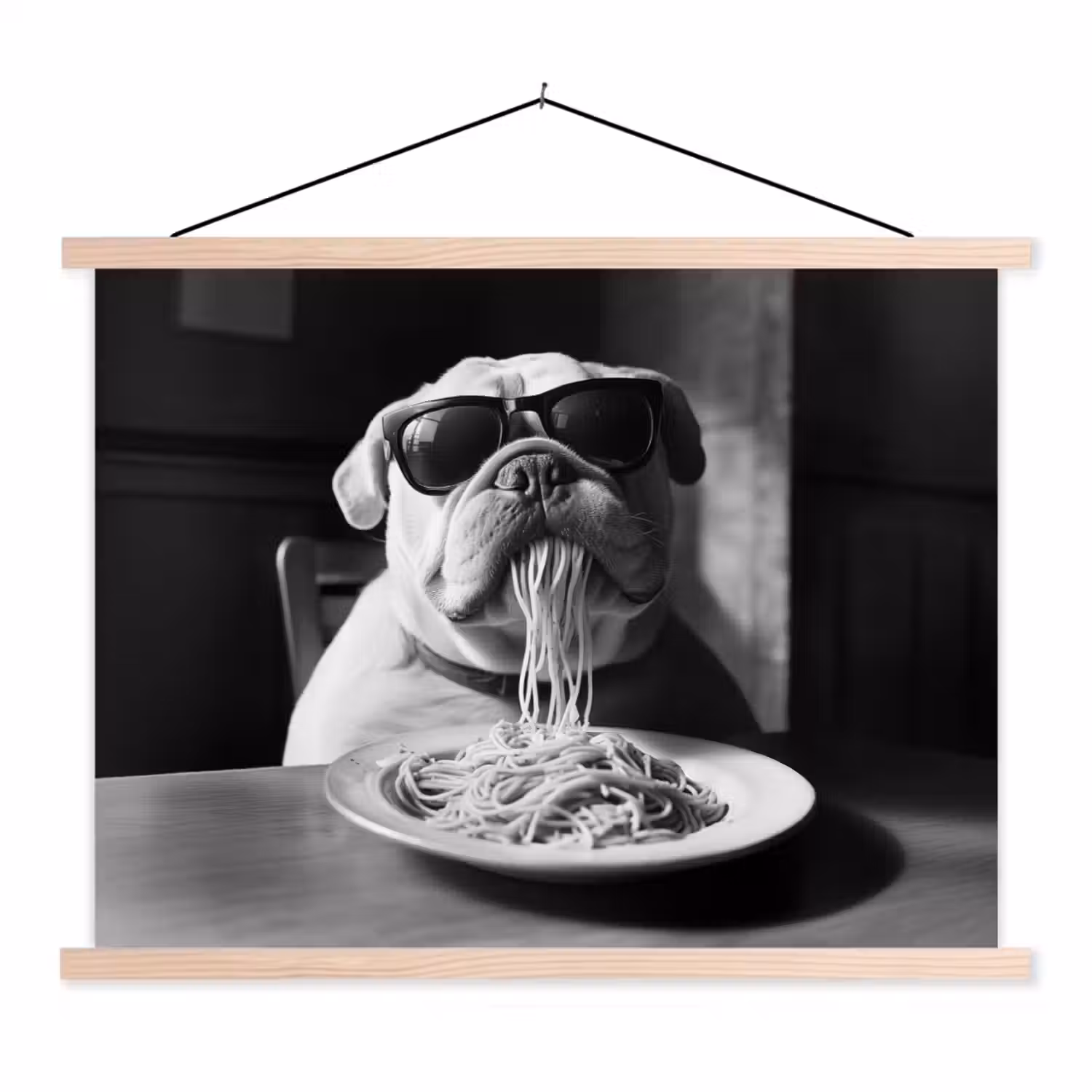 Hond - Bulldog - Pasta - Bril - Stoer - Dieren textielposter latten blank klein -3d