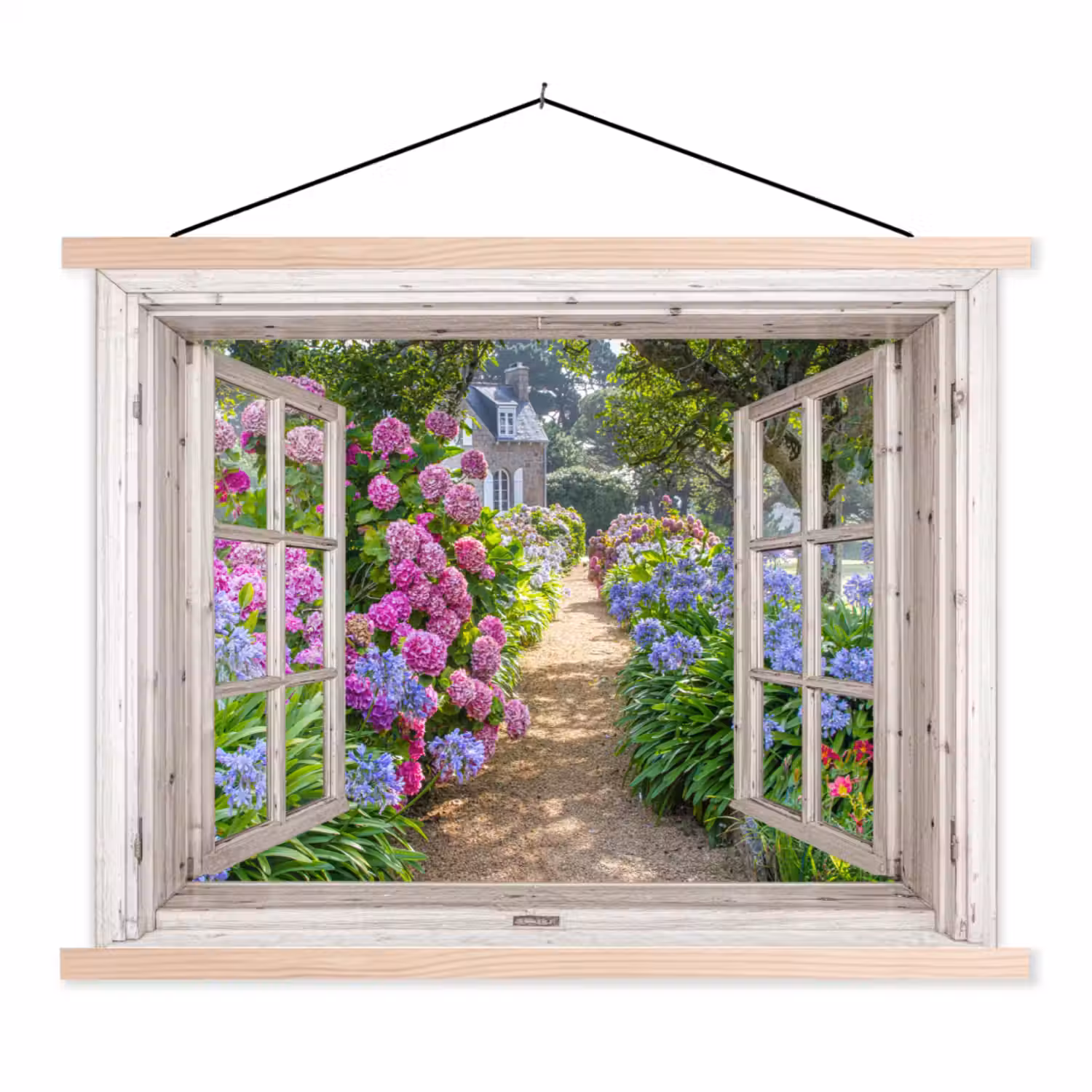 Hortensia - Doorkijk - Bloemen - Zomer - Paars - Pad textielposter latten blank klein -3d
