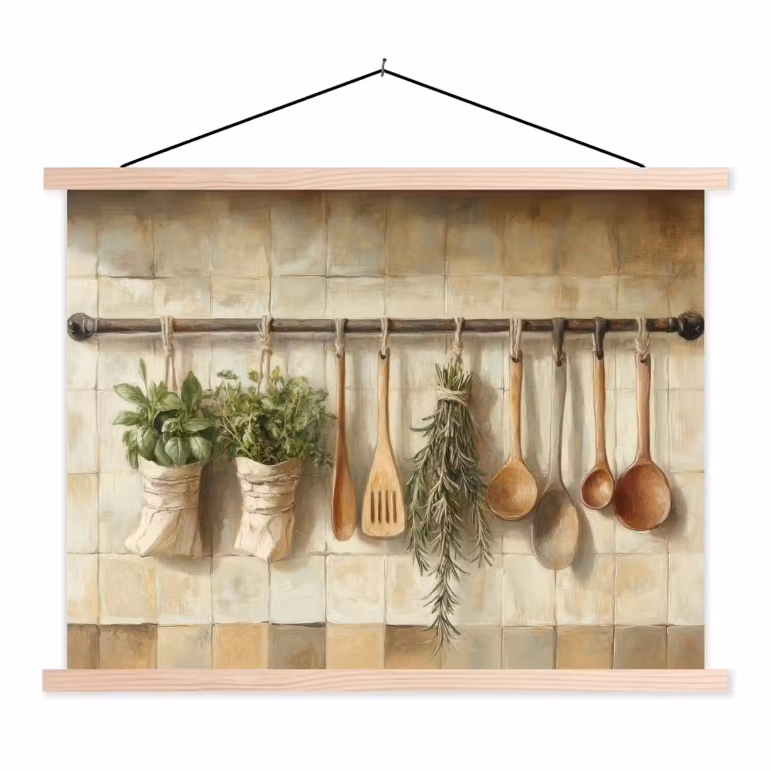 Hout - Keukengerei - Stilleven - Tegels textielposter latten blank klein -3d