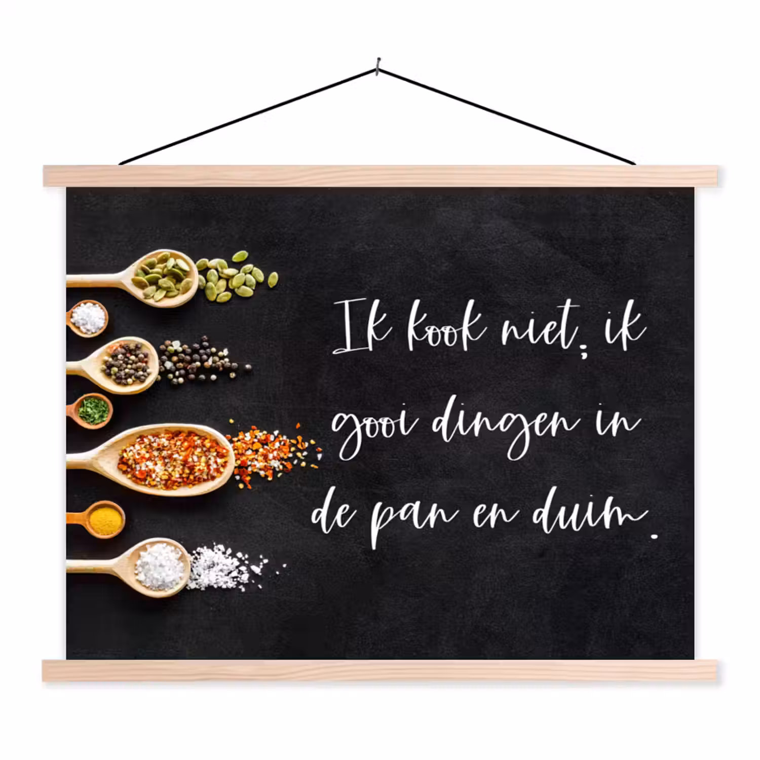 Ik gooi dingen in de pan en duim - Keuken - Quotes - Spreuken - Humor textielposter latten blank klein -3d