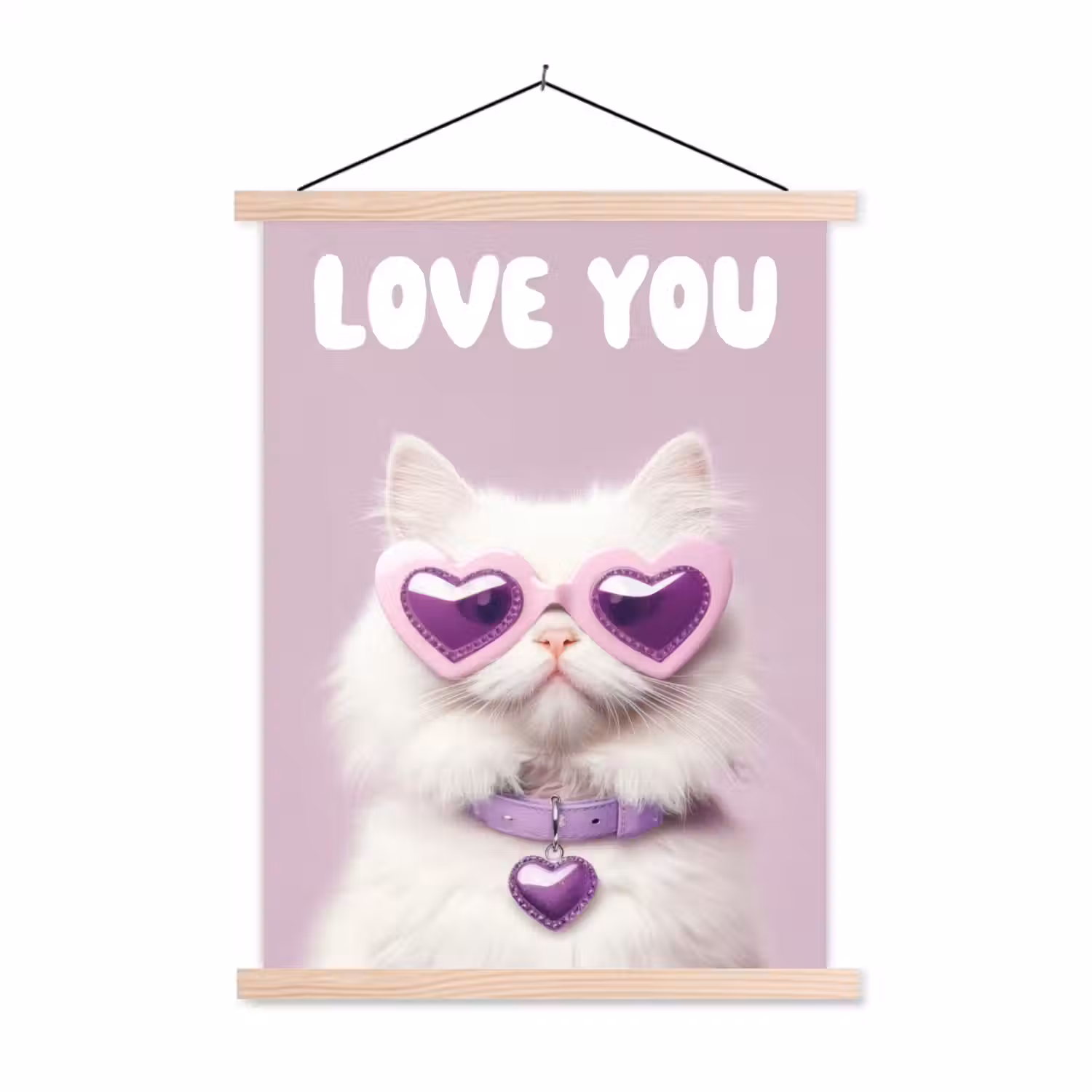 Kat - Love - Paars - Valentijn textielposter latten blank klein -3d