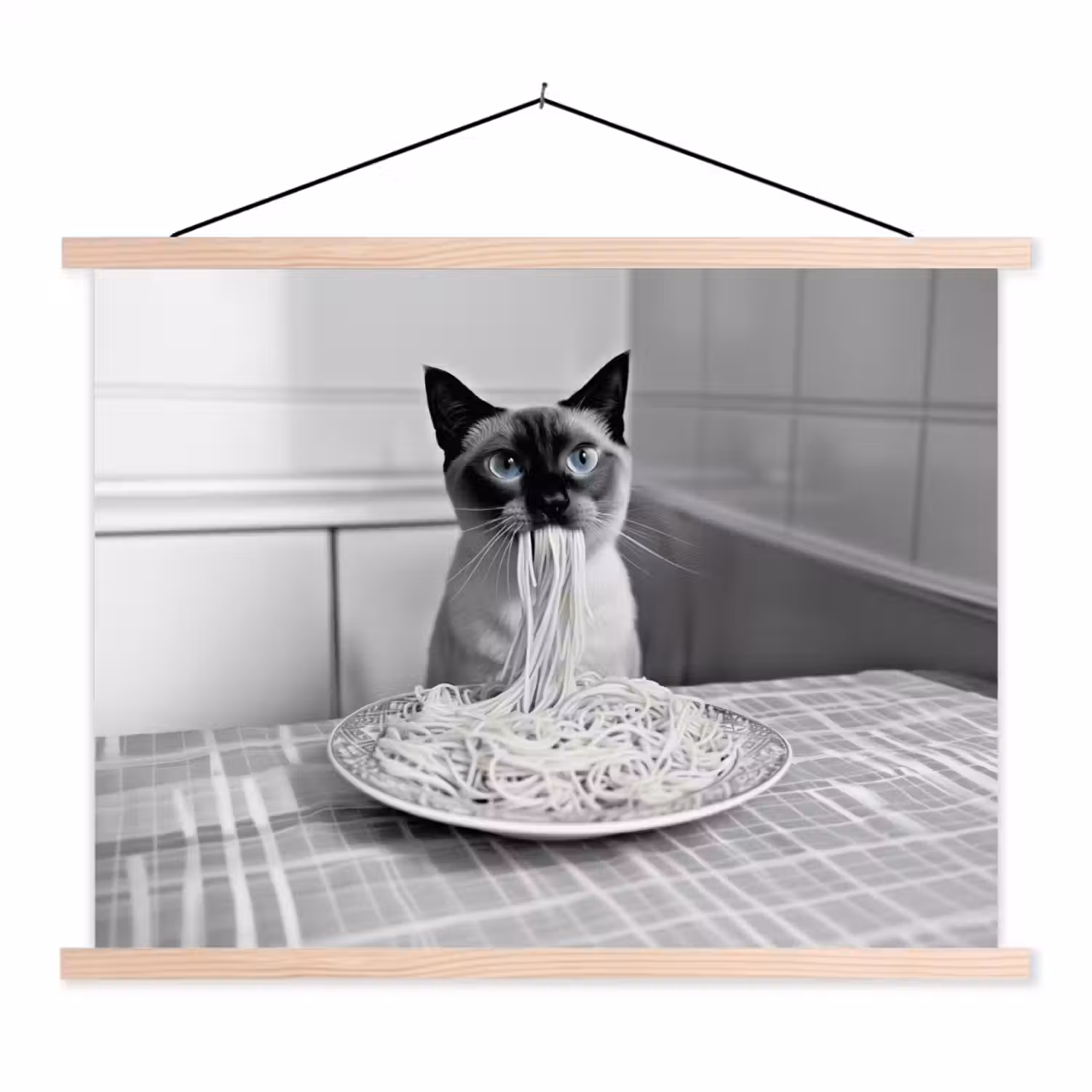 Kat - Siamees - Zwart Wit - Schattig - Dieren textielposter latten blank klein -3d
