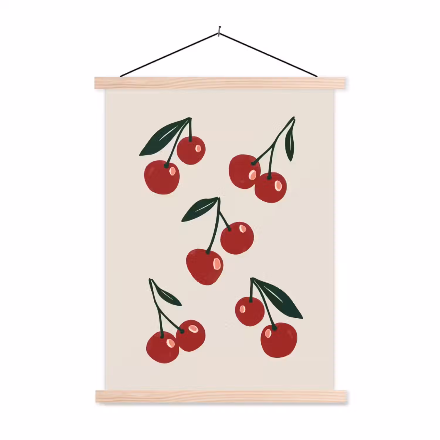 Kersen - Blaadjes - Rood textielposter latten blank klein -3d