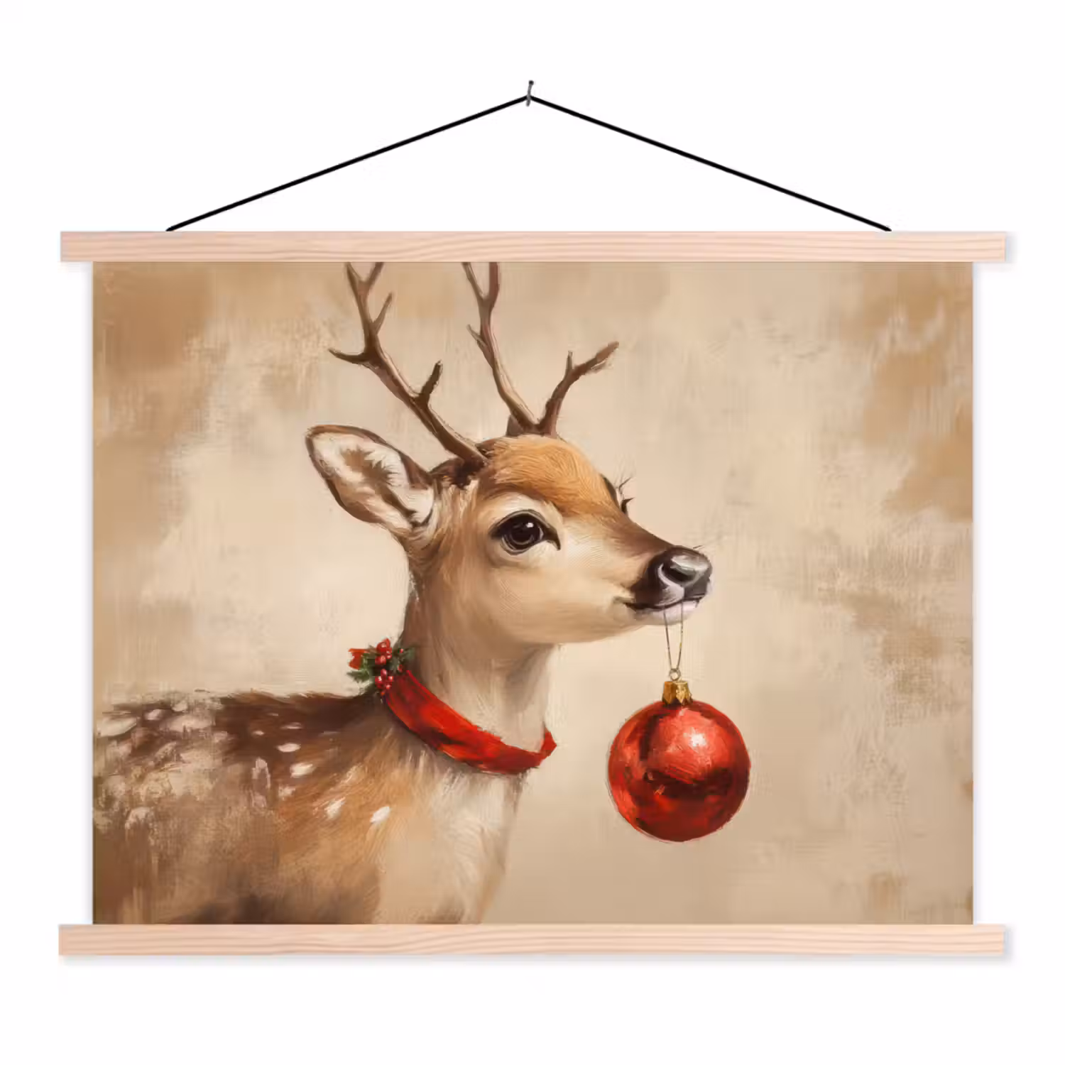 Kerst - Hert - Gewei - Kerstbal - Rendier textielposter latten blank klein -3d
