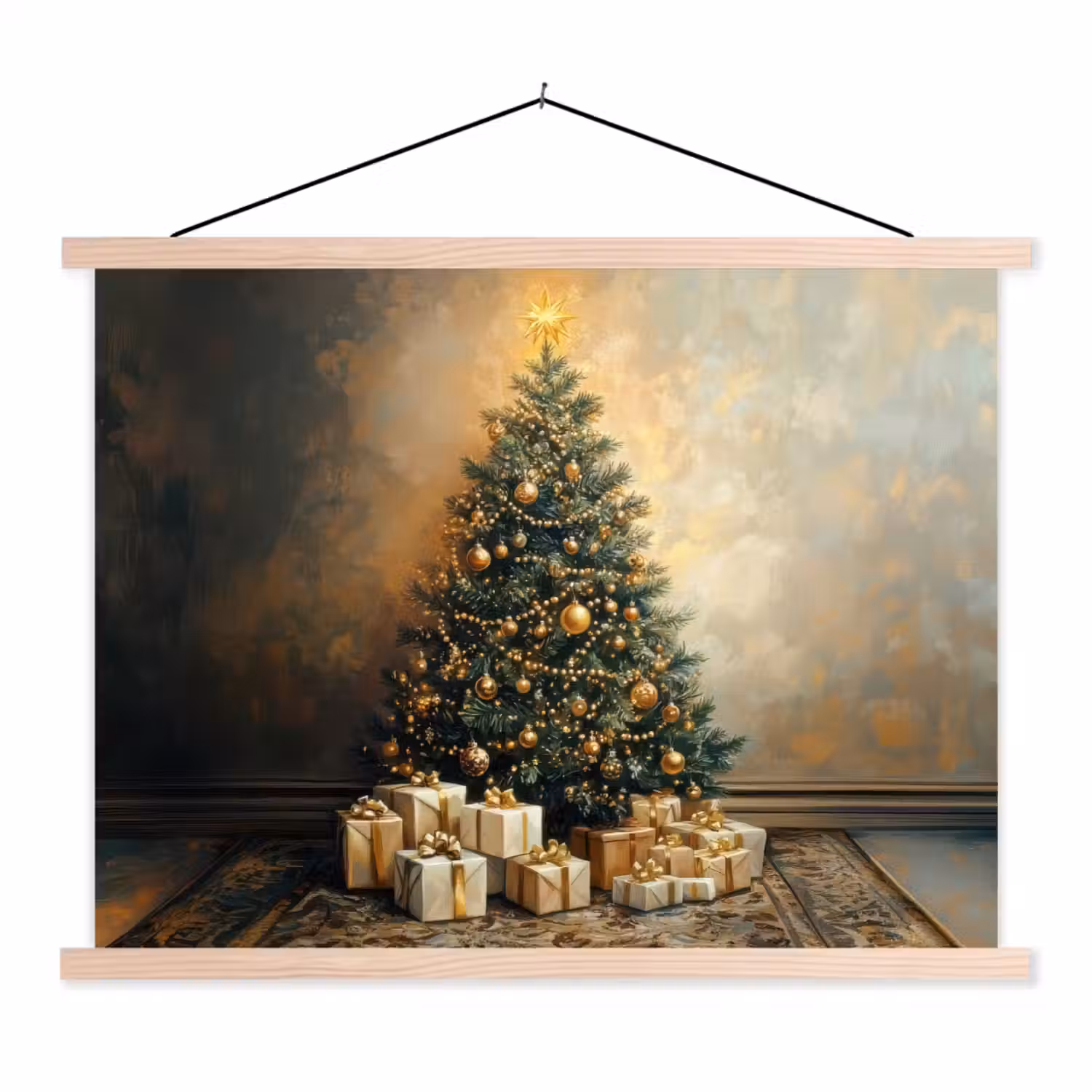 Kerstboom - Cadeaus - Goud textielposter latten blank klein -3d