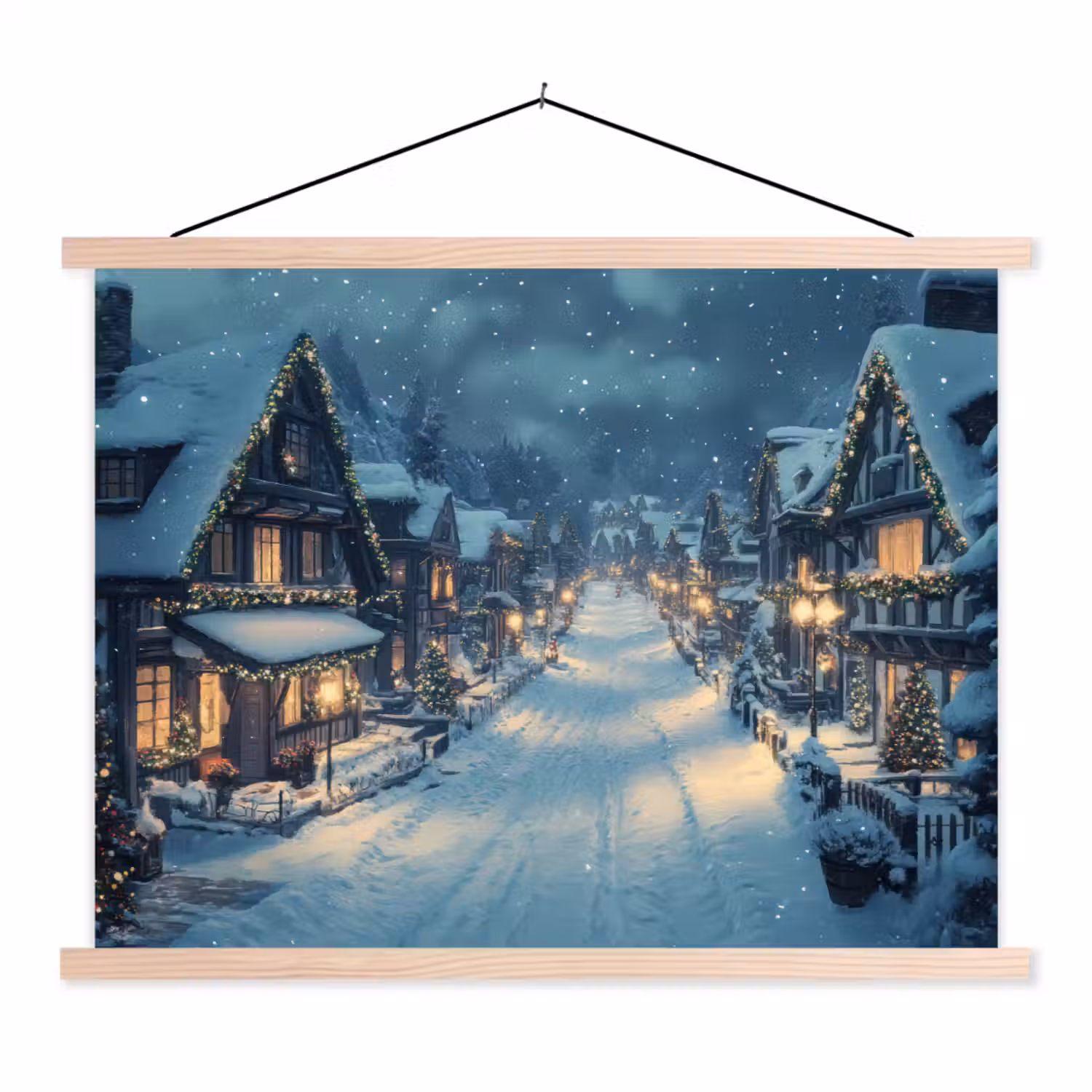 Kerstdorp - Kerst - Sneeuw - Winter textielposter latten blank klein -3d