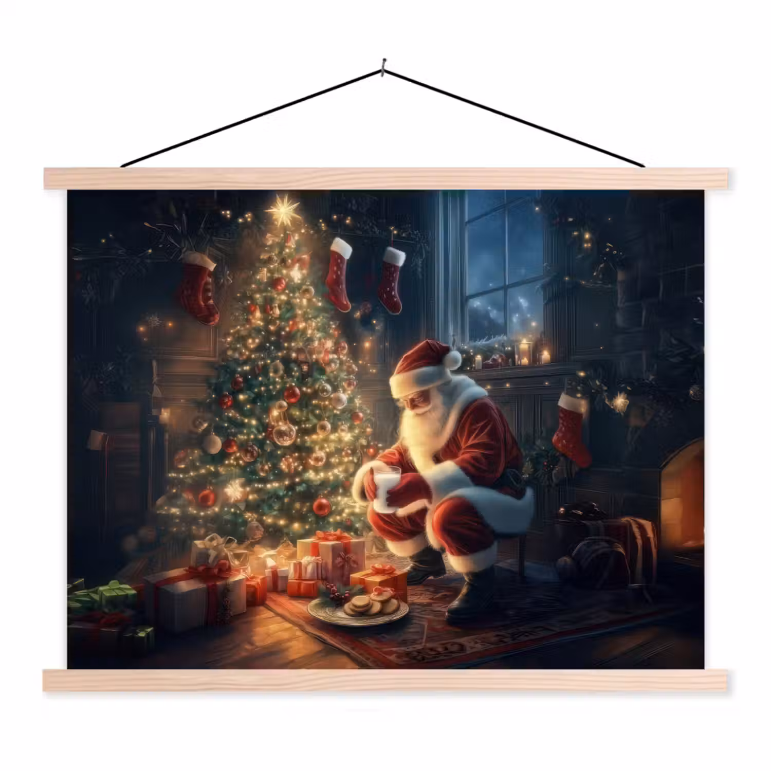 Kerstman - Haard - Donker textielposter latten blank klein -3d