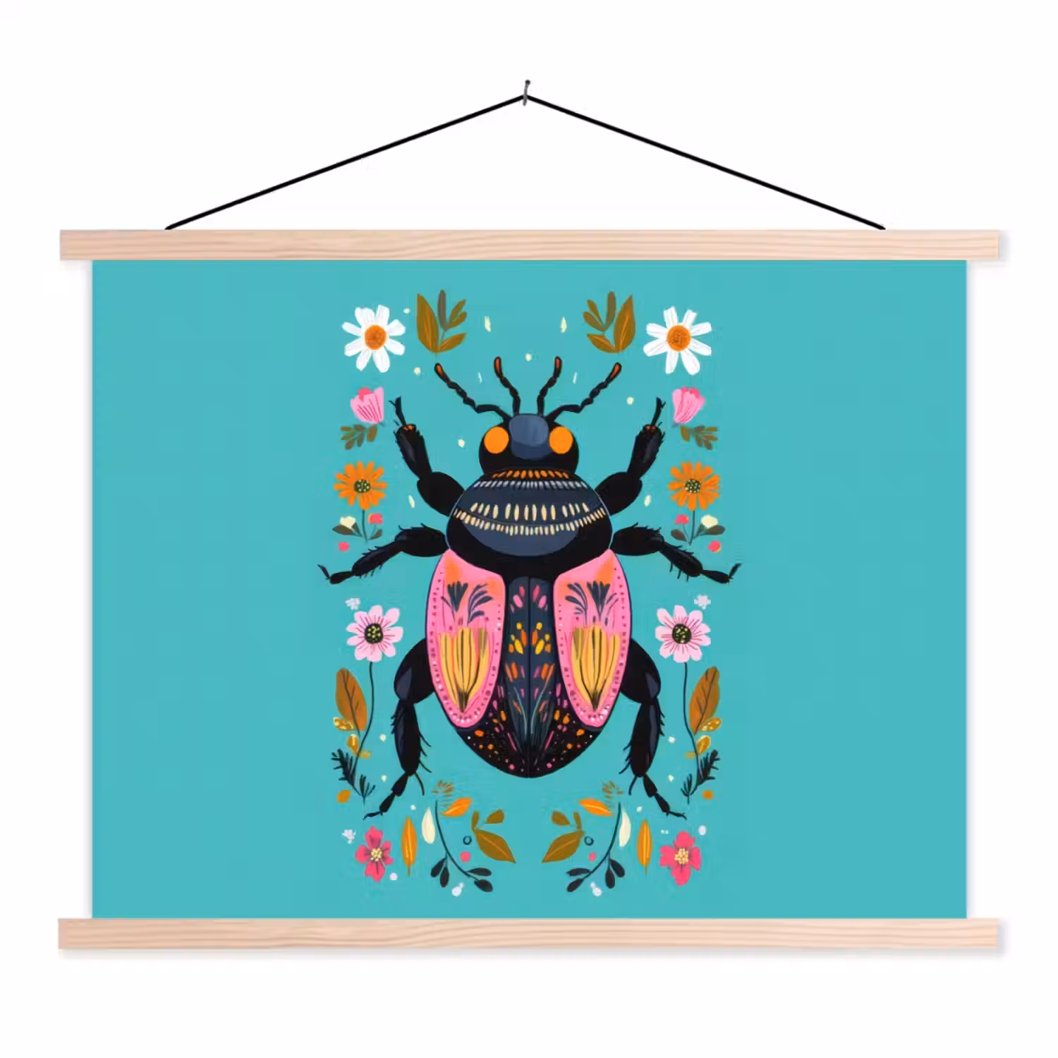 Kever - Bloemmotieven - Turquoise - Bladeren textielposter latten blank klein -3d