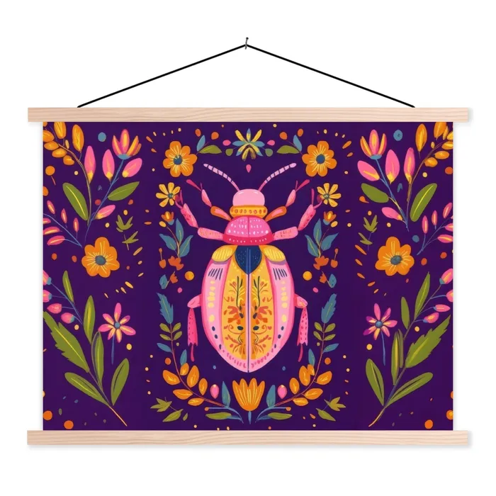 Kever - Felgekleurd - Bloemen - Bladeren textielposter latten blank klein -3d