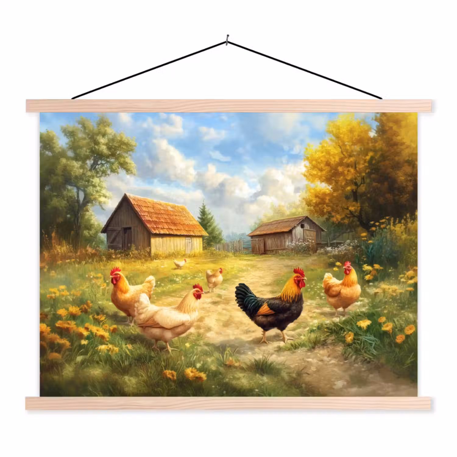 Kippen - Landelijke rust - Natuur textielposter latten blank klein -3d