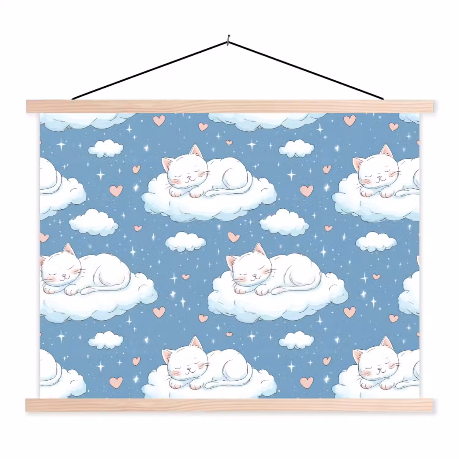 Kitten - Wolken - Blauw textielposter latten blank klein 122 -3d