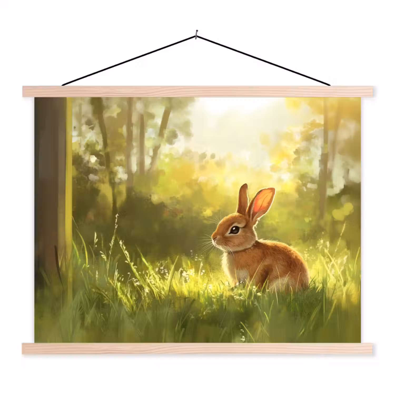 Konijn - Zonlicht - Bos textielposter latten blank klein -3d