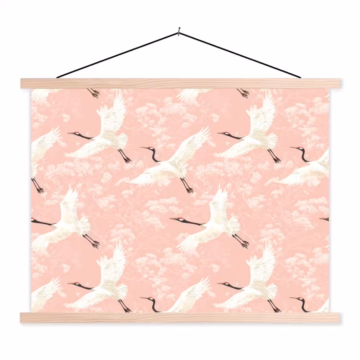 Kraanvogels - Bloesem - Roze textielposter latten blank klein 122 -3d