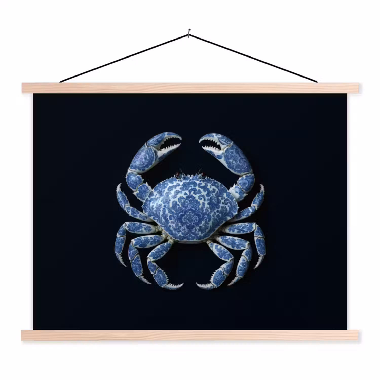 Krab - Delfts blauw - Dieren textielposter latten blank klein -3d