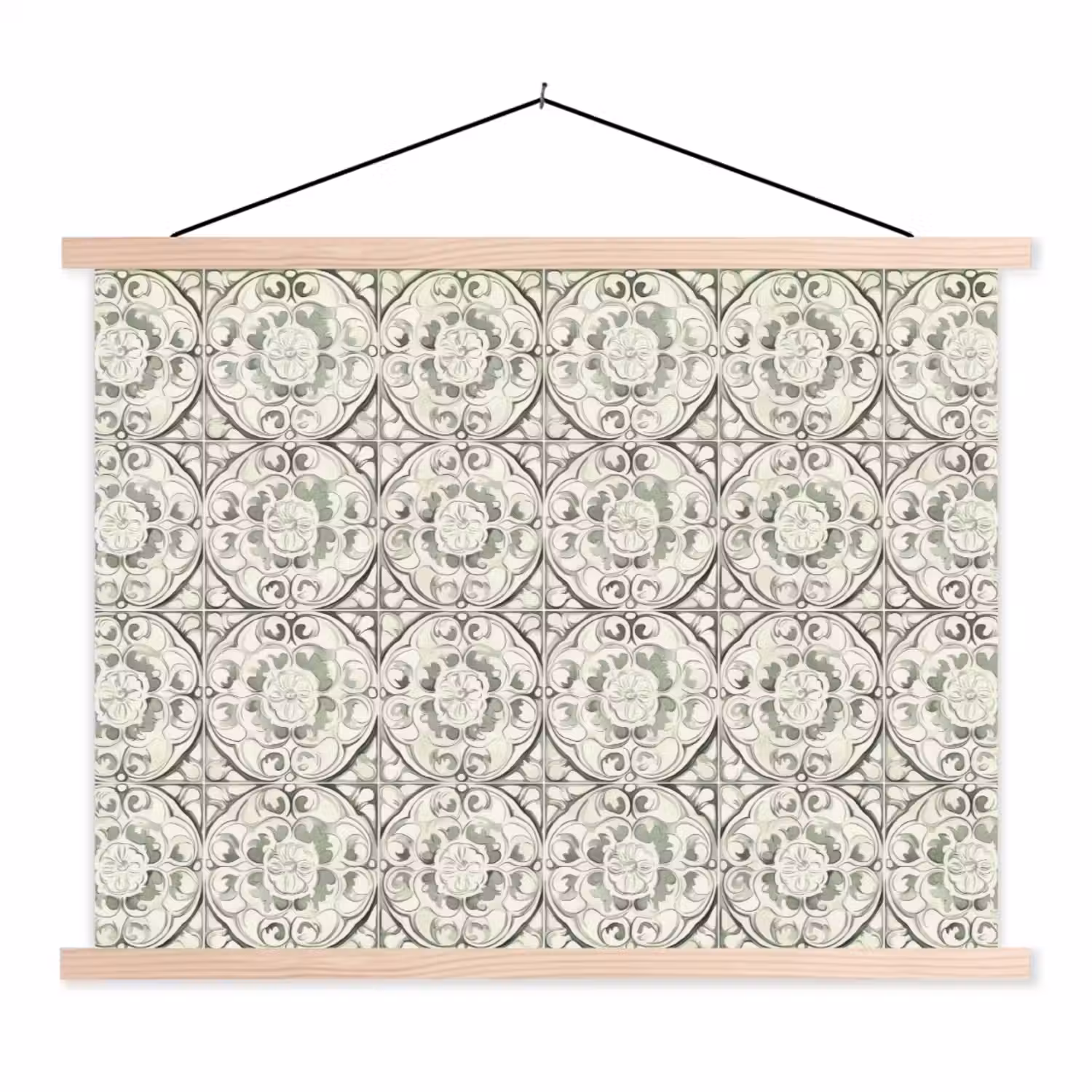 Krulornament - Tegel - Groen textielposter latten blank klein 122 -3d