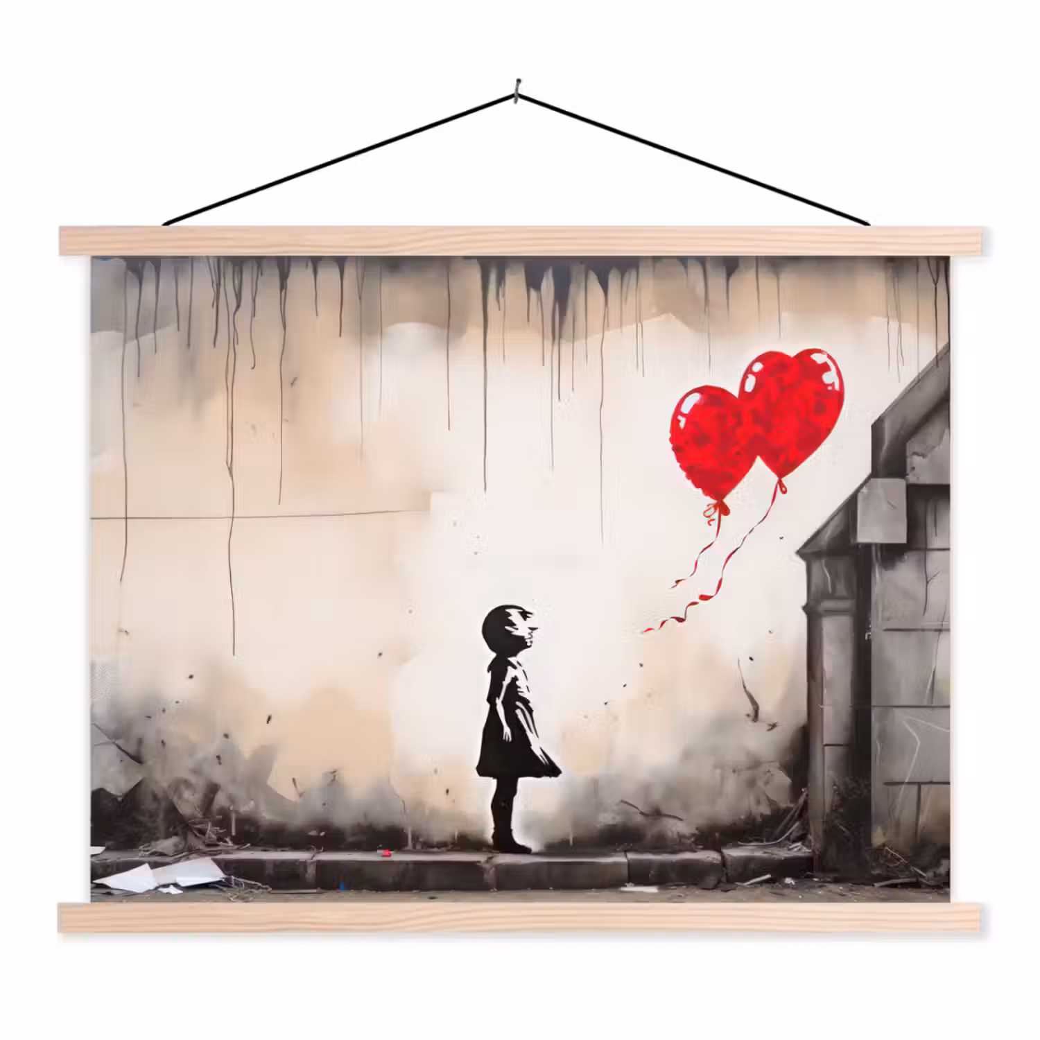 Kunst - Meisje - Ballonnen - Hart - Grijs textielposter latten blank klein -3d