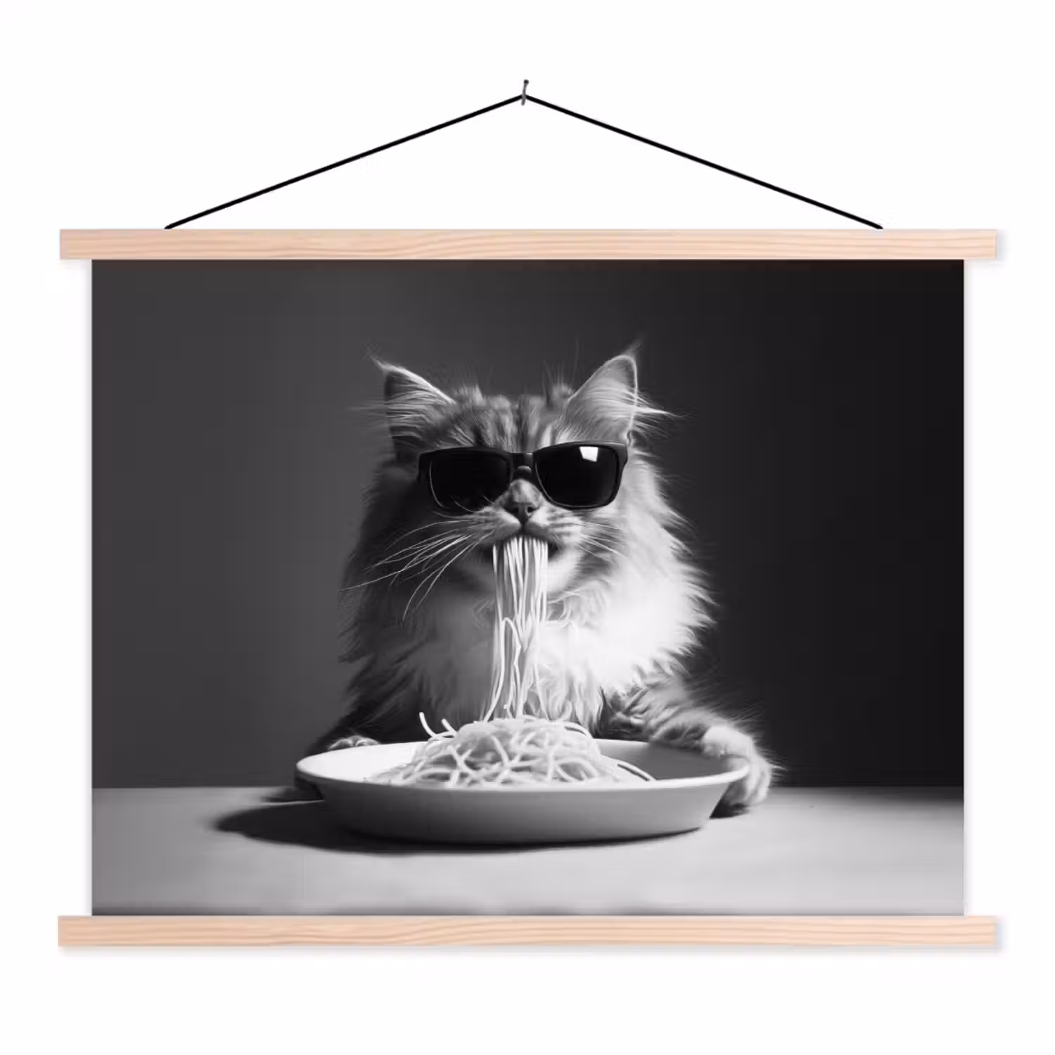 Langharige kat - Zonnebril - Spaghetti - Humor - Zwart - wit textielposter latten blank klein -3d