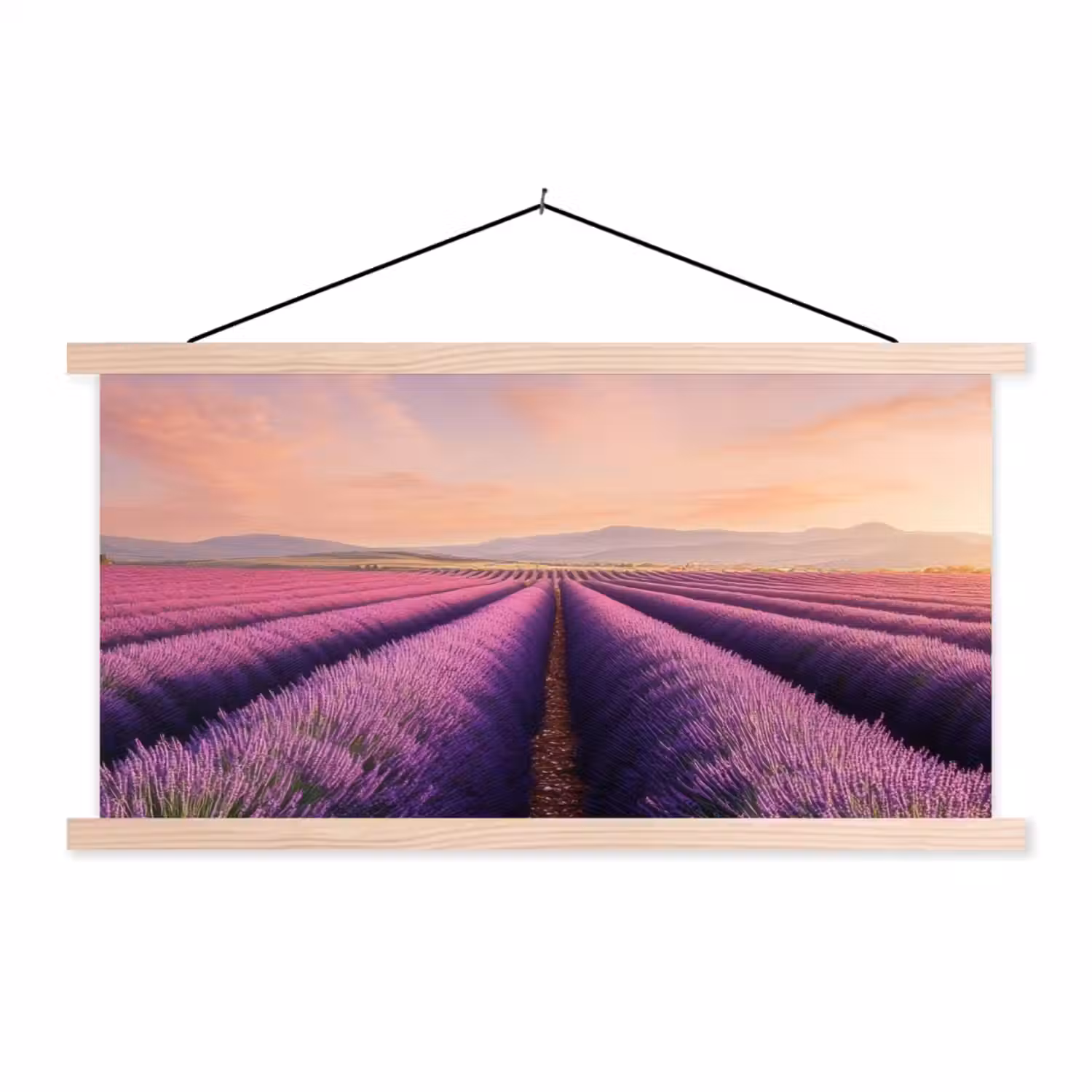 Lavendelveld - Zonsondergang - Paars - Bloemen textielposter latten blank klein -3d