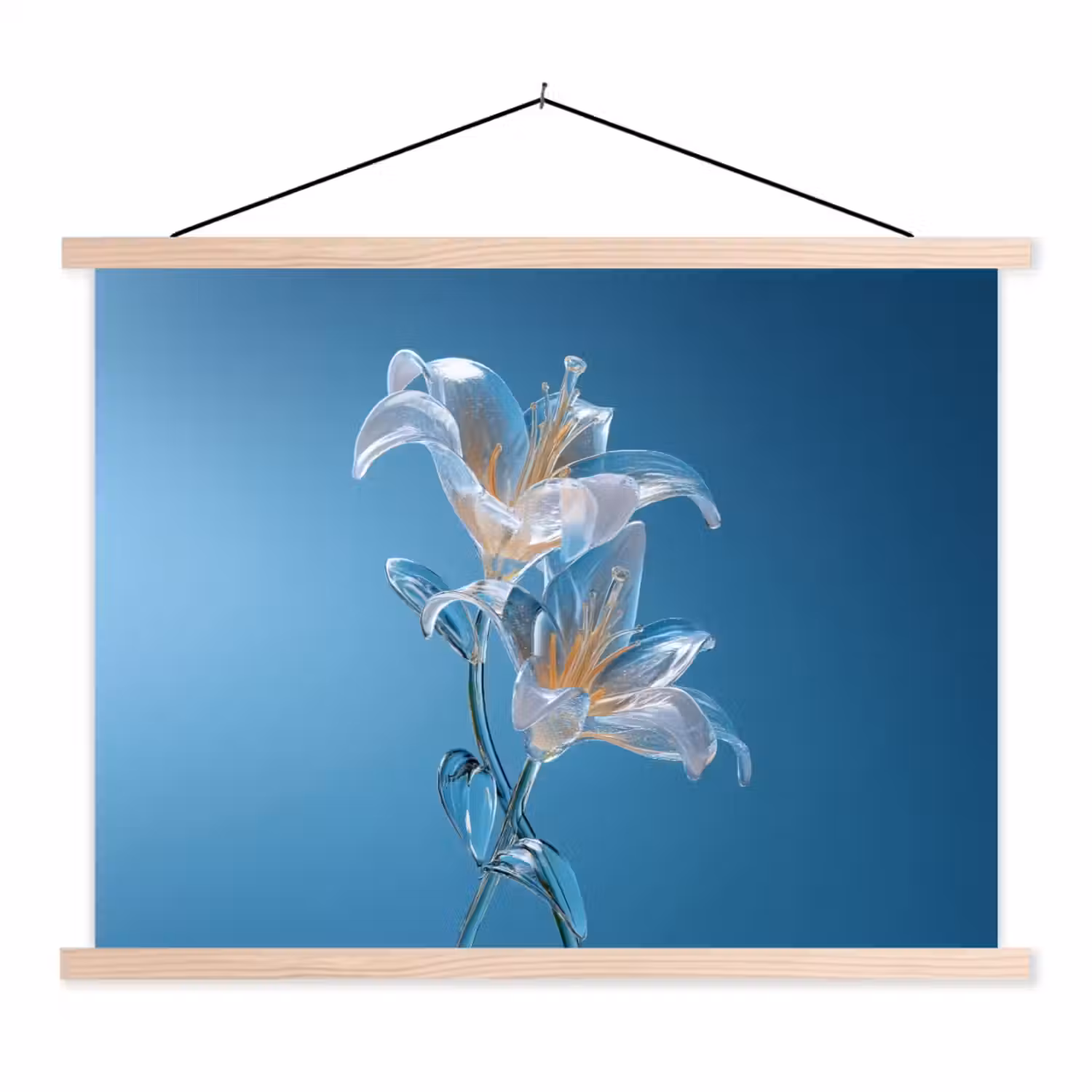 Lelies - Blauw - Glazen textielposter latten blank klein -3d