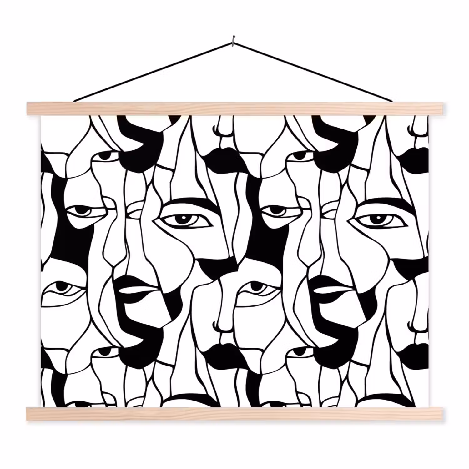 Lijnen - Gezichten - Zwart - Wit textielposter latten blank klein 122 -3d