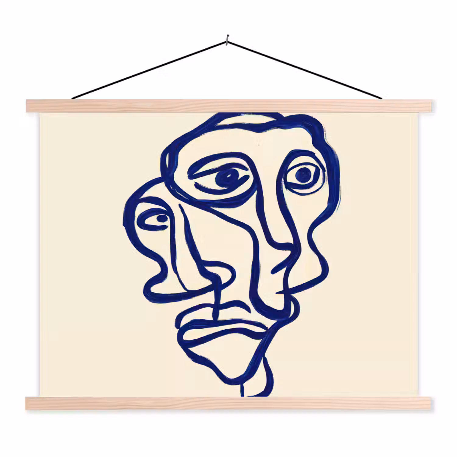 Lijntekening - Overlappende gezichten - Donkerblauw textielposter latten blank klein -3d