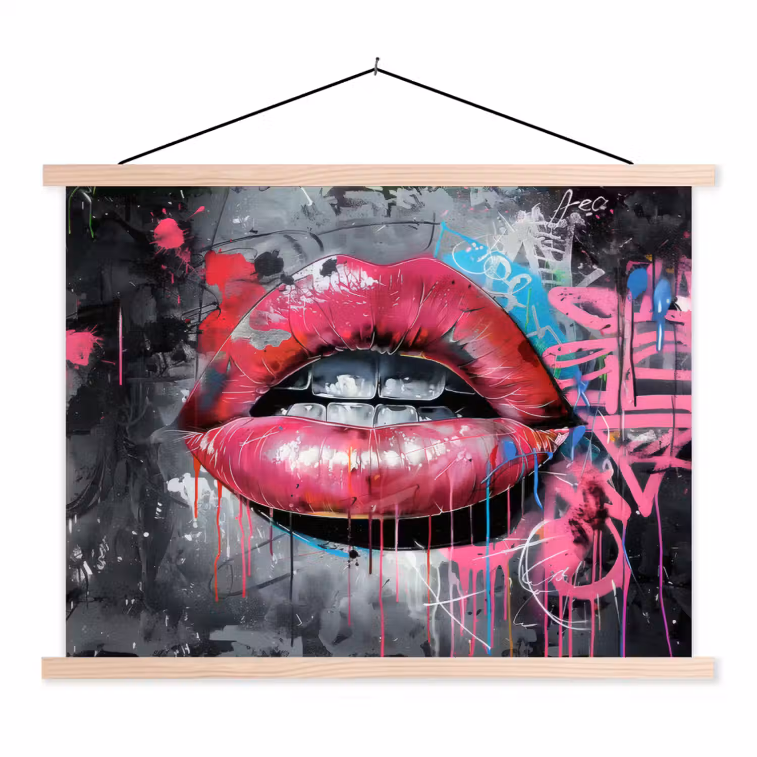 Lippen - Felroze - Graffiti - Verfstrepen textielposter latten blank klein -3d
