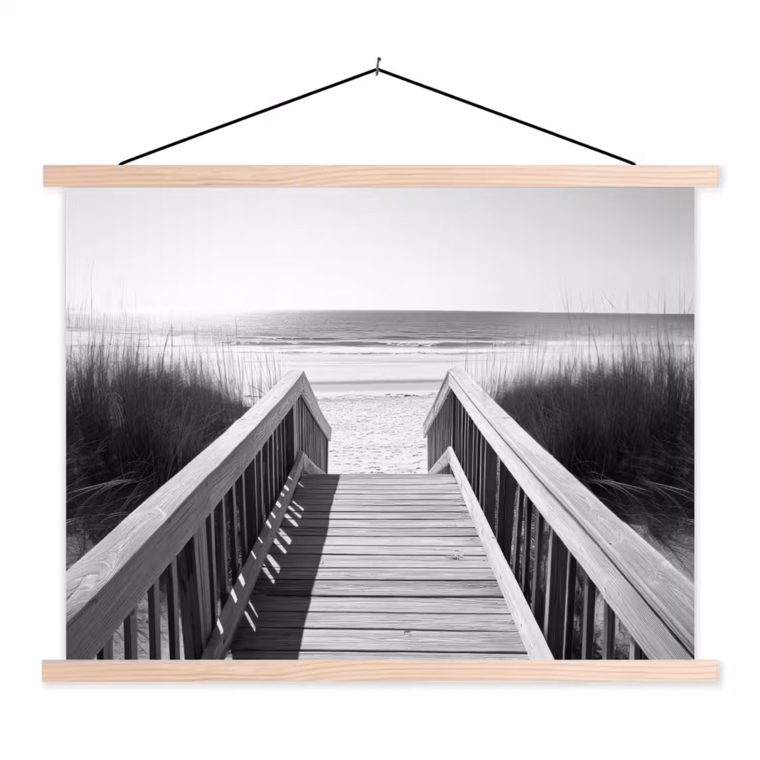 Loopbrug - Hout - Strand - Zee textielposter latten blank klein -3d