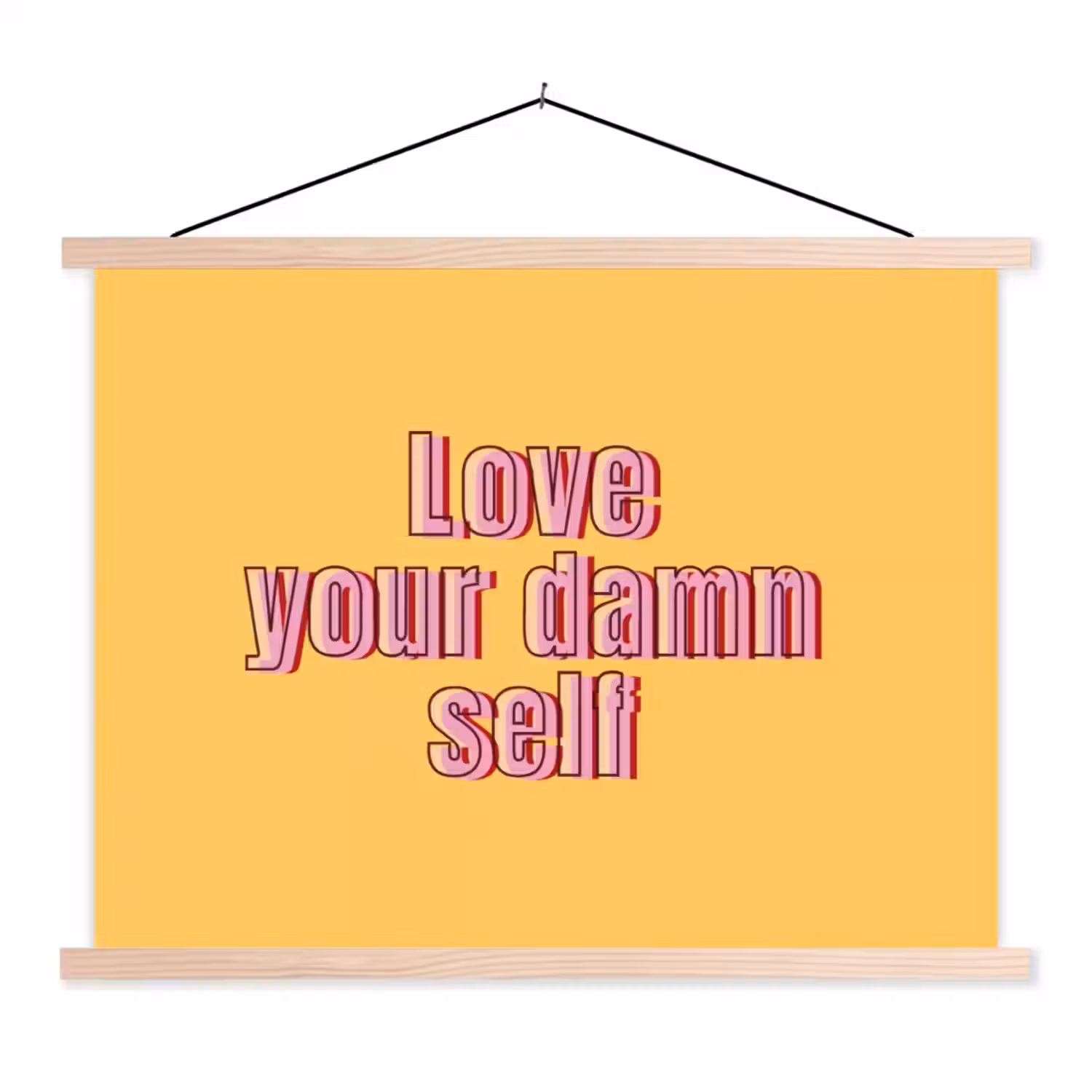 Love yourself - Roze - Geel textielposter latten blank klein -3d
