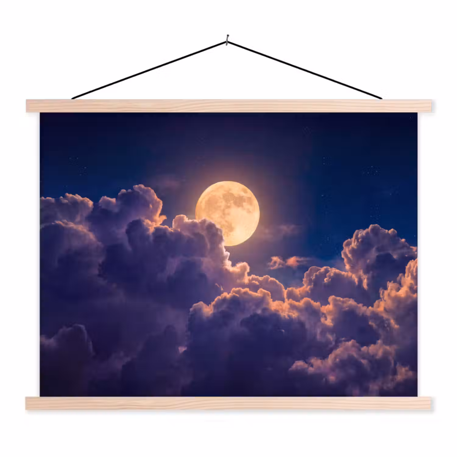 Maan - Wolken - Nacht - Oranje textielposter latten blank klein -3d