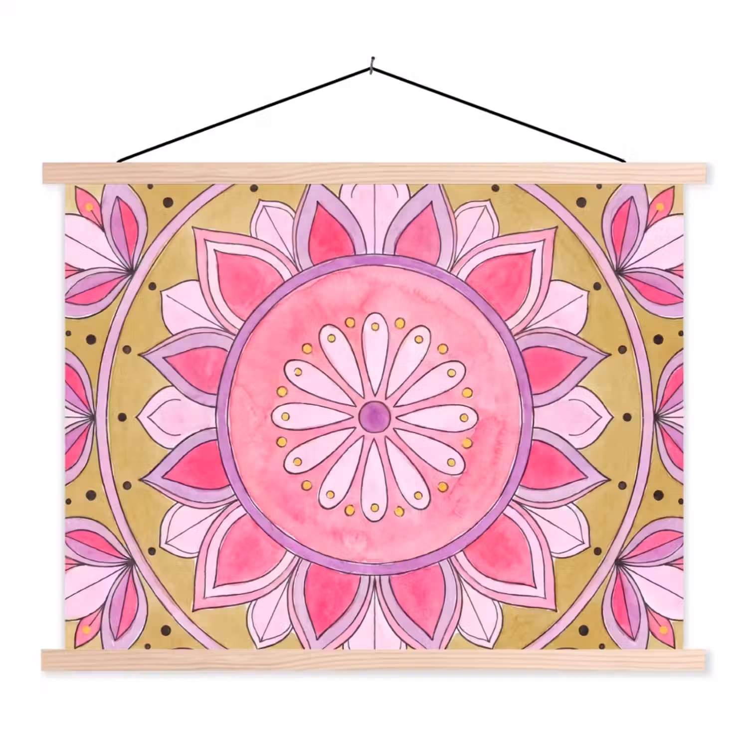 Mandala - Patroon - Kunst - Aquarel - Roze textielposter latten blank klein -3d