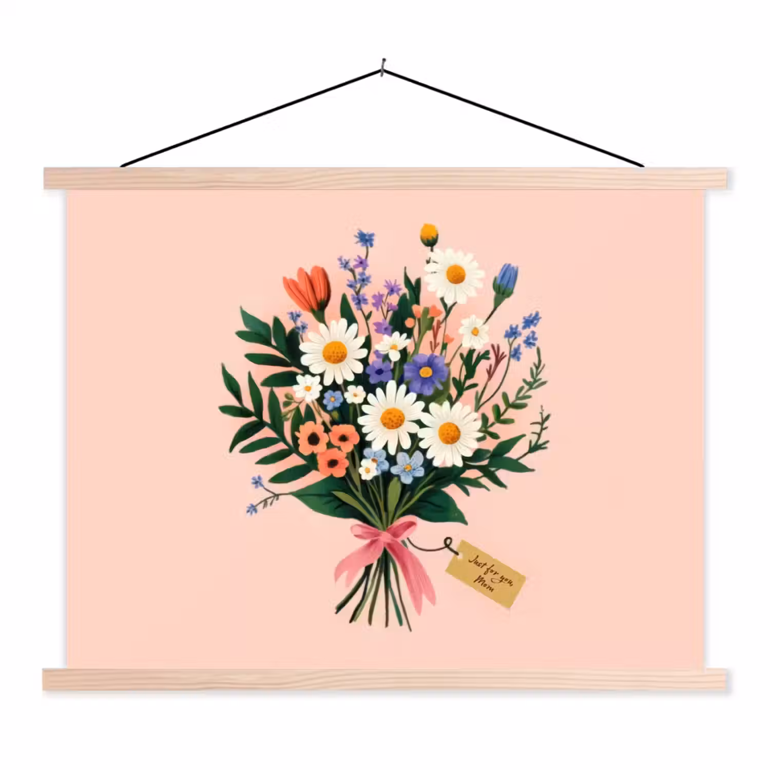 Margrieten - Boeket - Strikje - Roze textielposter latten blank klein -3d
