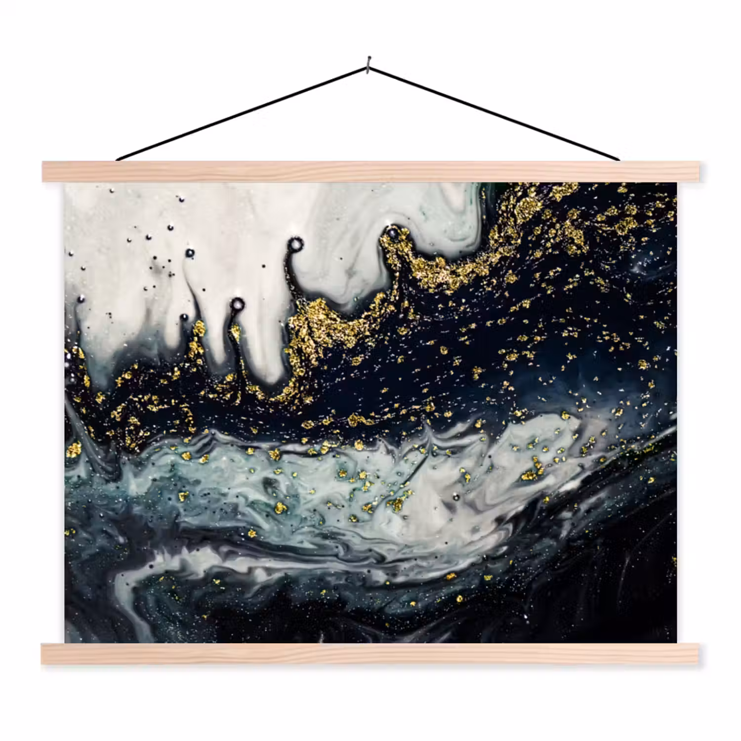 Abstracte vormen uit de natuur met witte en gouden en donkere kleuren textielposter latten blank klein -3d
