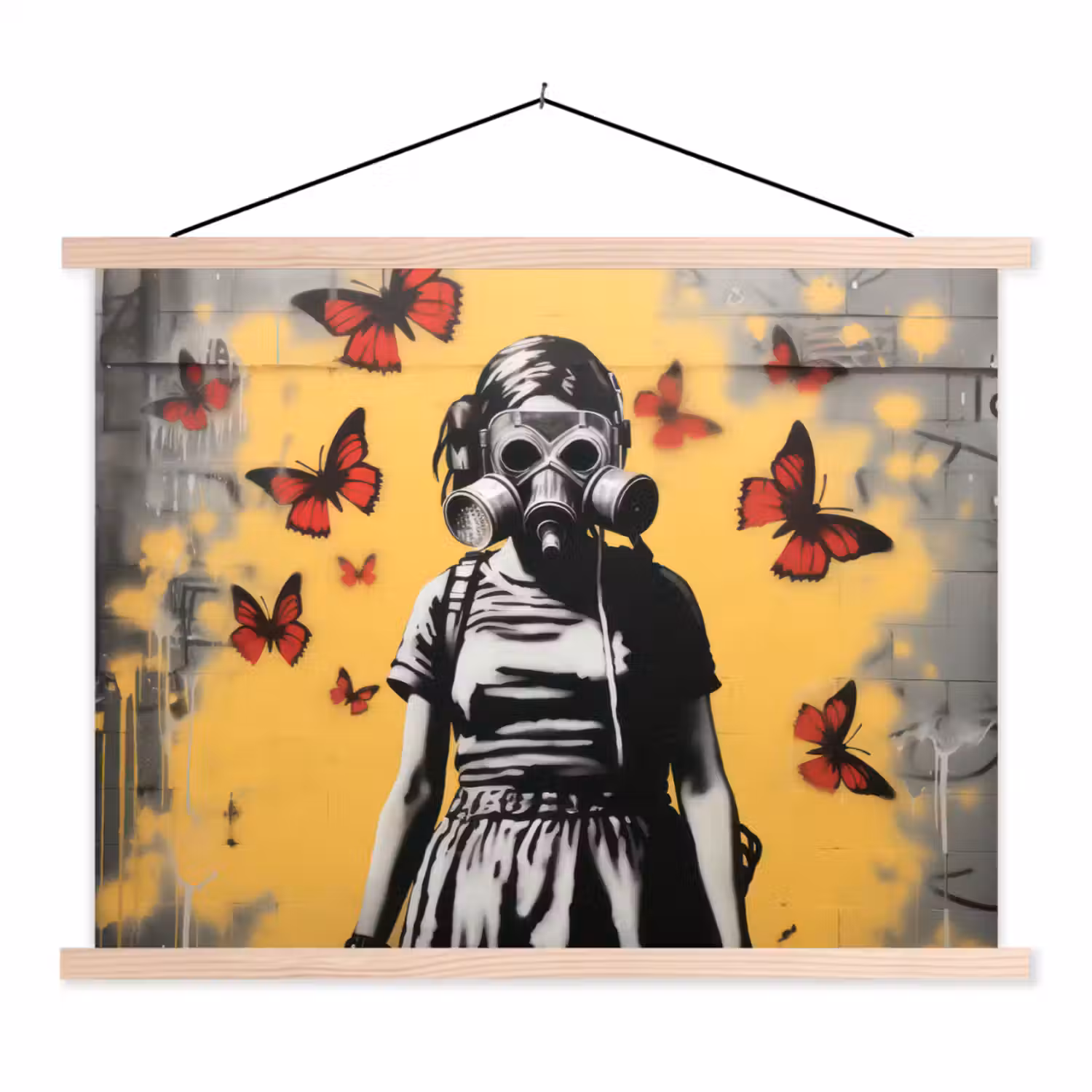 Meisje - Gasmasker - Vlinders - Graffiti textielposter latten blank klein -3d