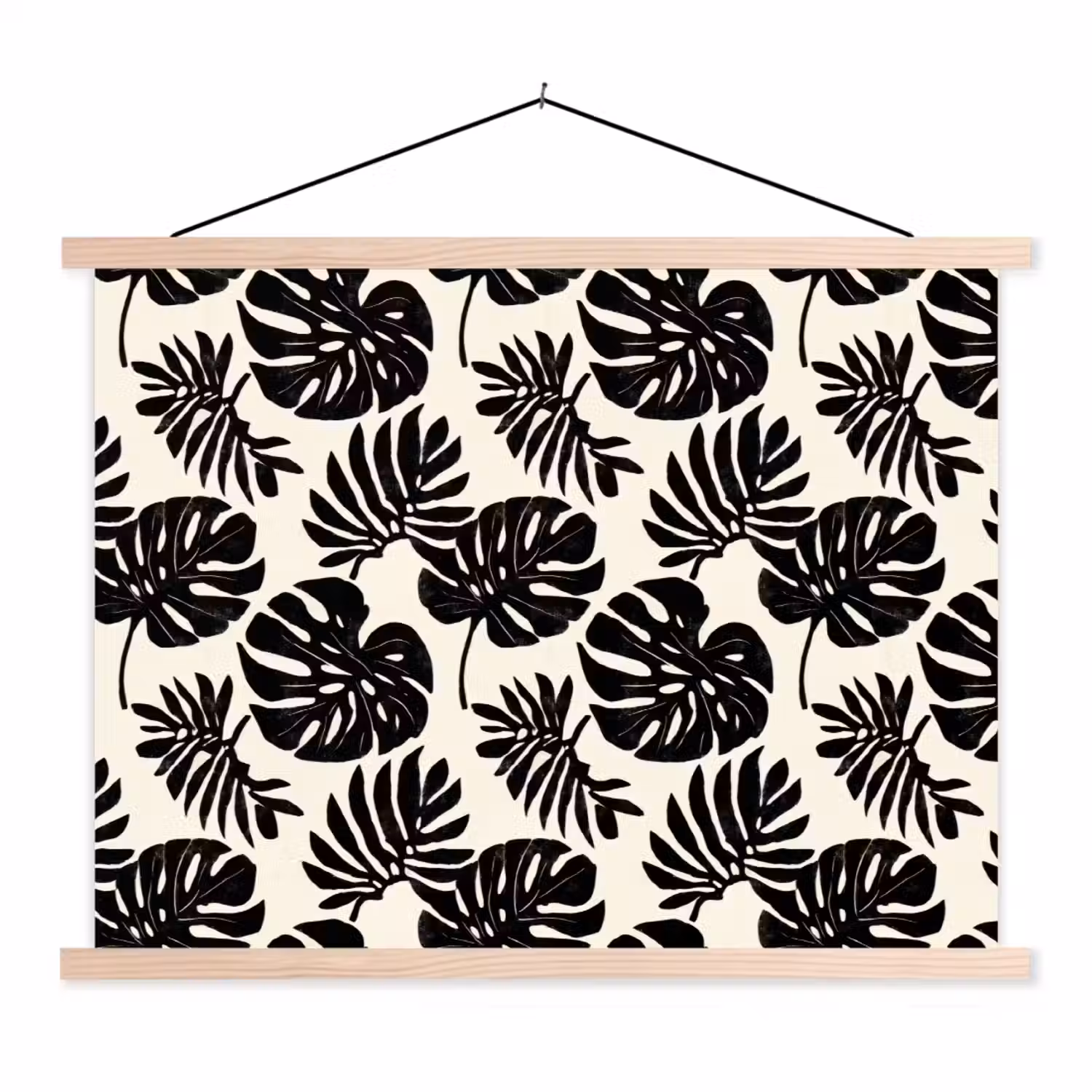 Modern - Monstera - Zwart textielposter latten blank klein 122 -3d