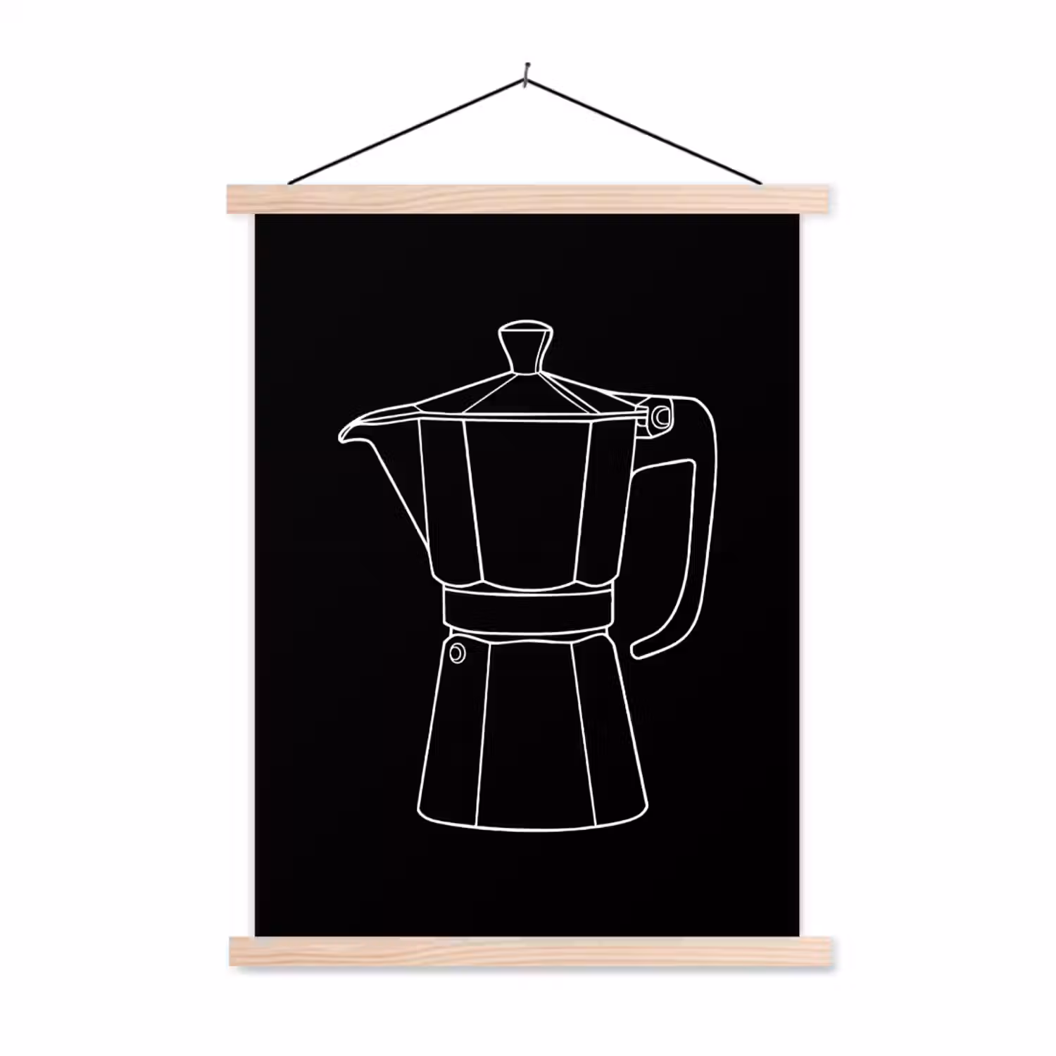 Mokkapot - Zwart - Wit - Lijntekening textielposter latten blank klein -3d