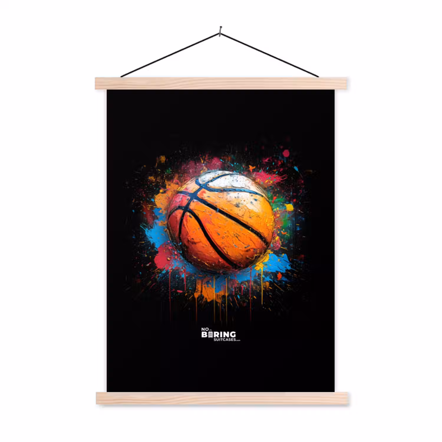 Oranje basketbal te midden van verfspetters textielposter latten blank klein -3d